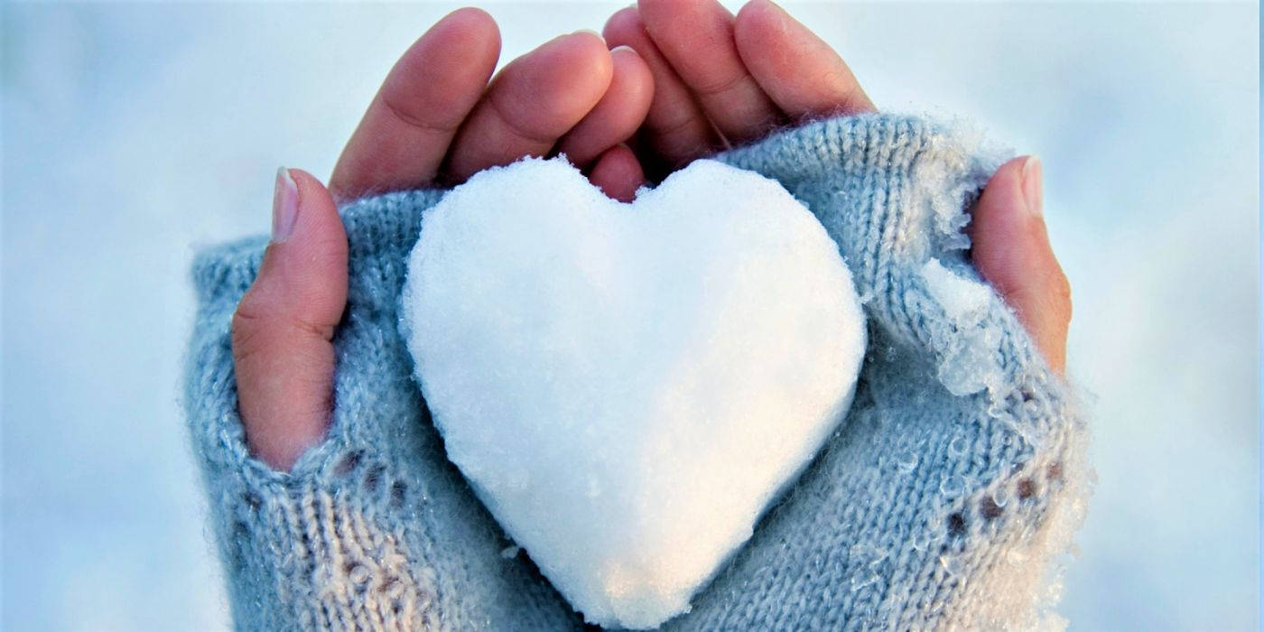 White Heart Snow, blue knit sleeve, fluffy white snow heart, HD Desktop Wallpaper