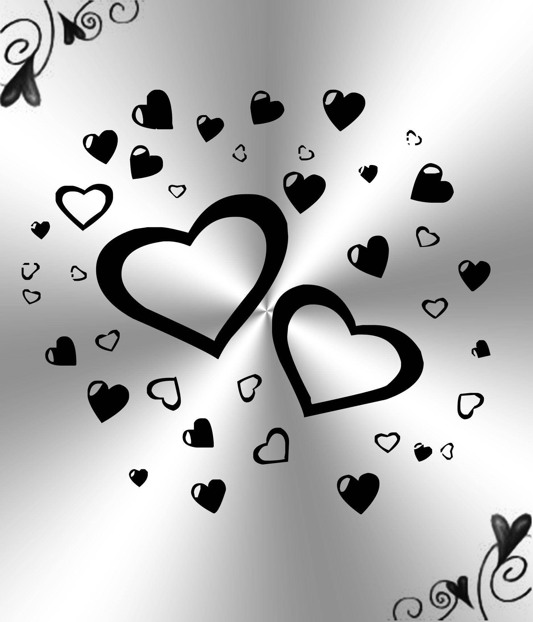 White Silver Heart, silver gradient background, black heart outlines, Full HD Phone Wallpaper