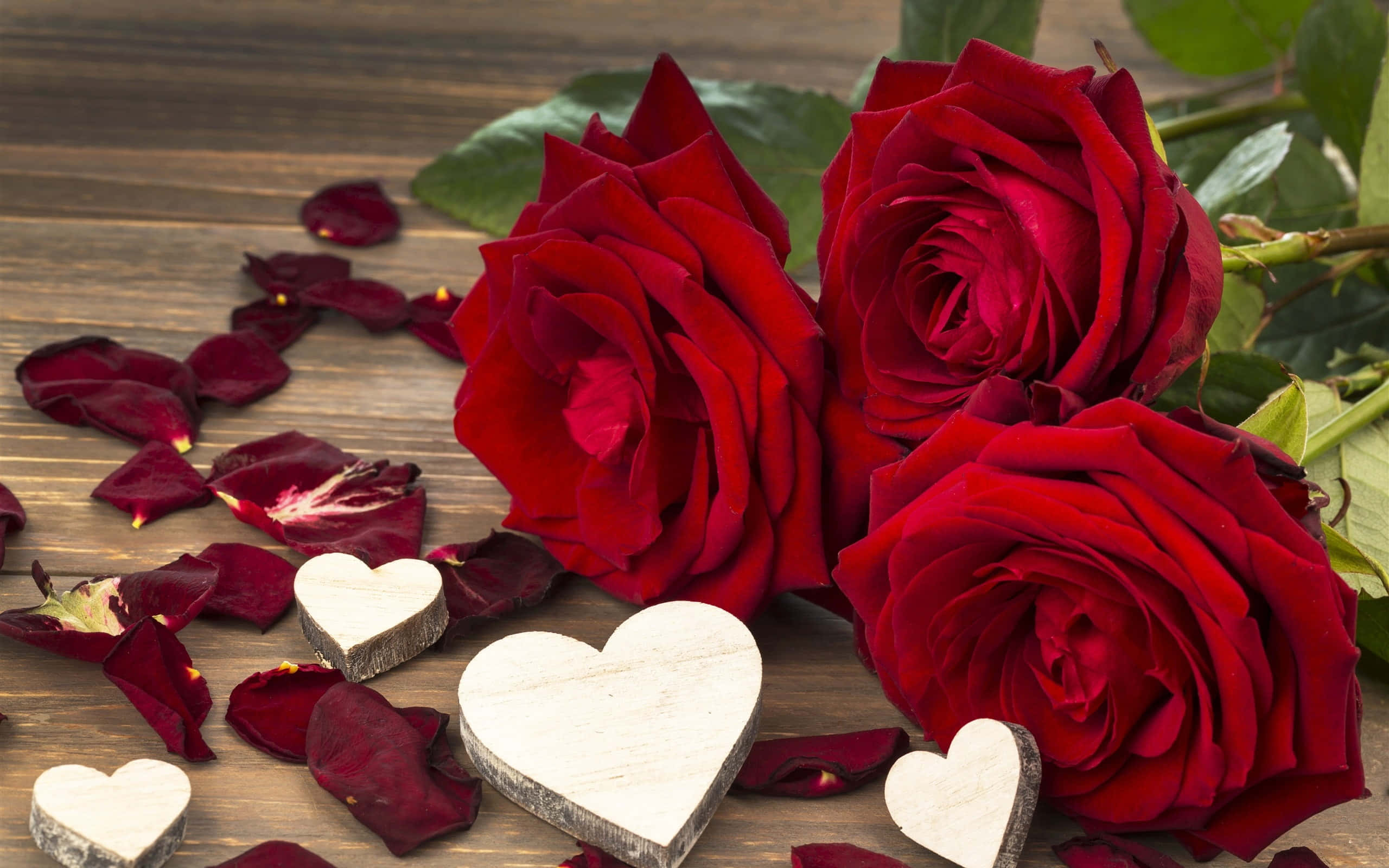 Wildflowers, red roses, white hearts, 2K Desktop Wallpaper