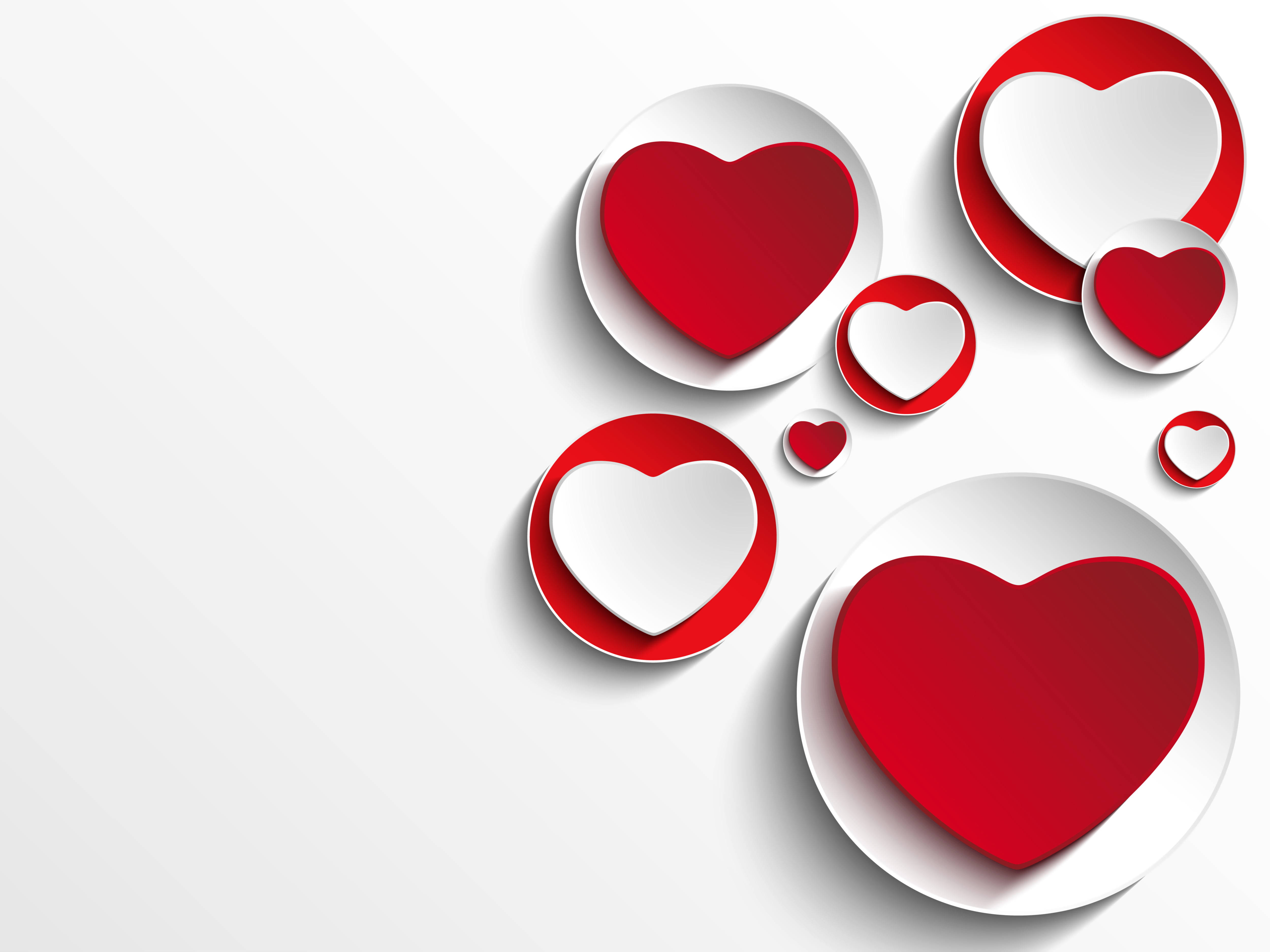 red and white heart, soft shadows, clean white background, 4K Desktop Wallpaper