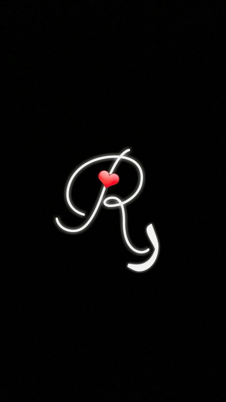 glowing white cursive letter R, red heart, solid black background, HD Phone Wallpaper