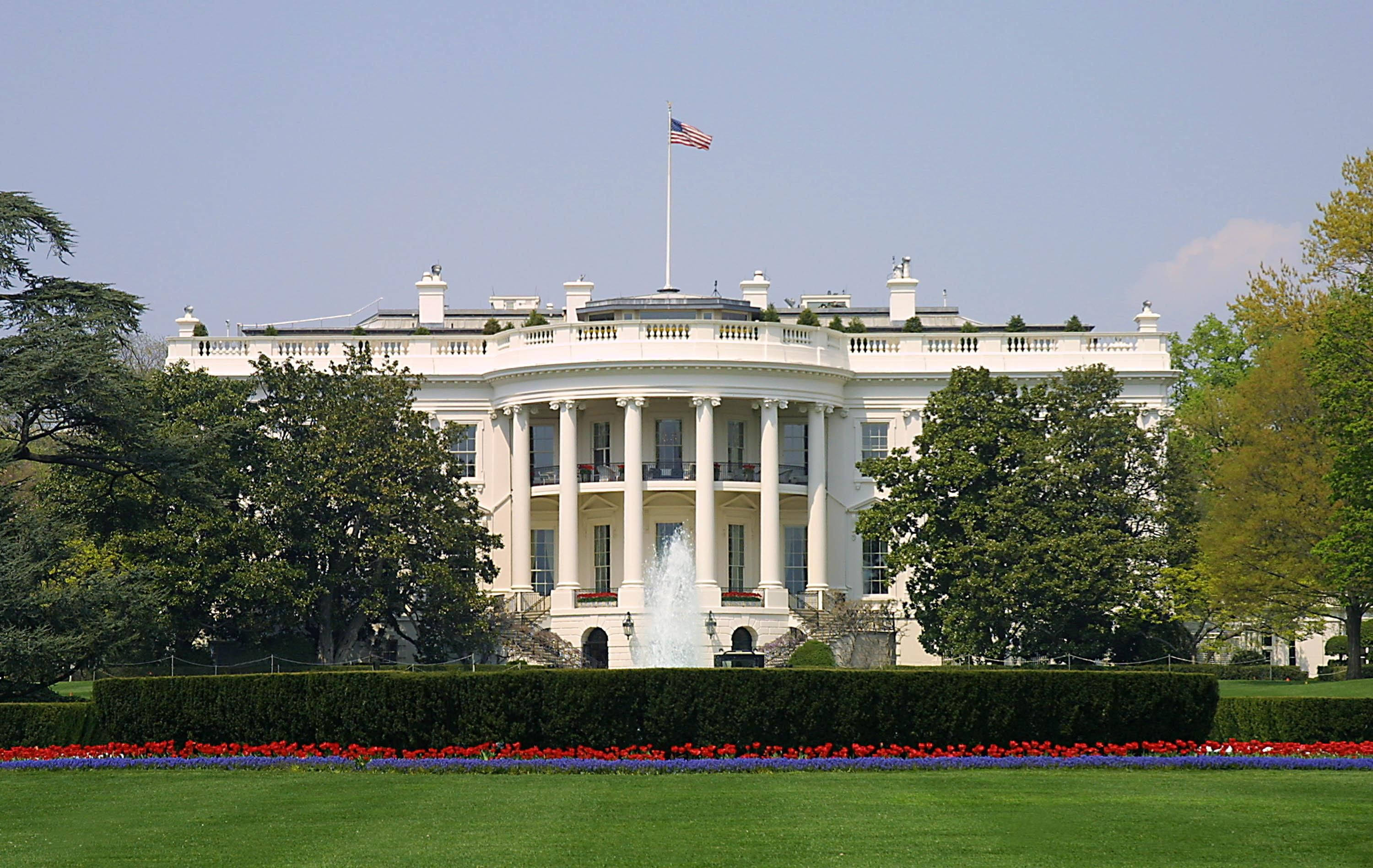 White House, clear blue sky, vibrant red and purple flowerbeds, 2K Desktop Wallpaper
