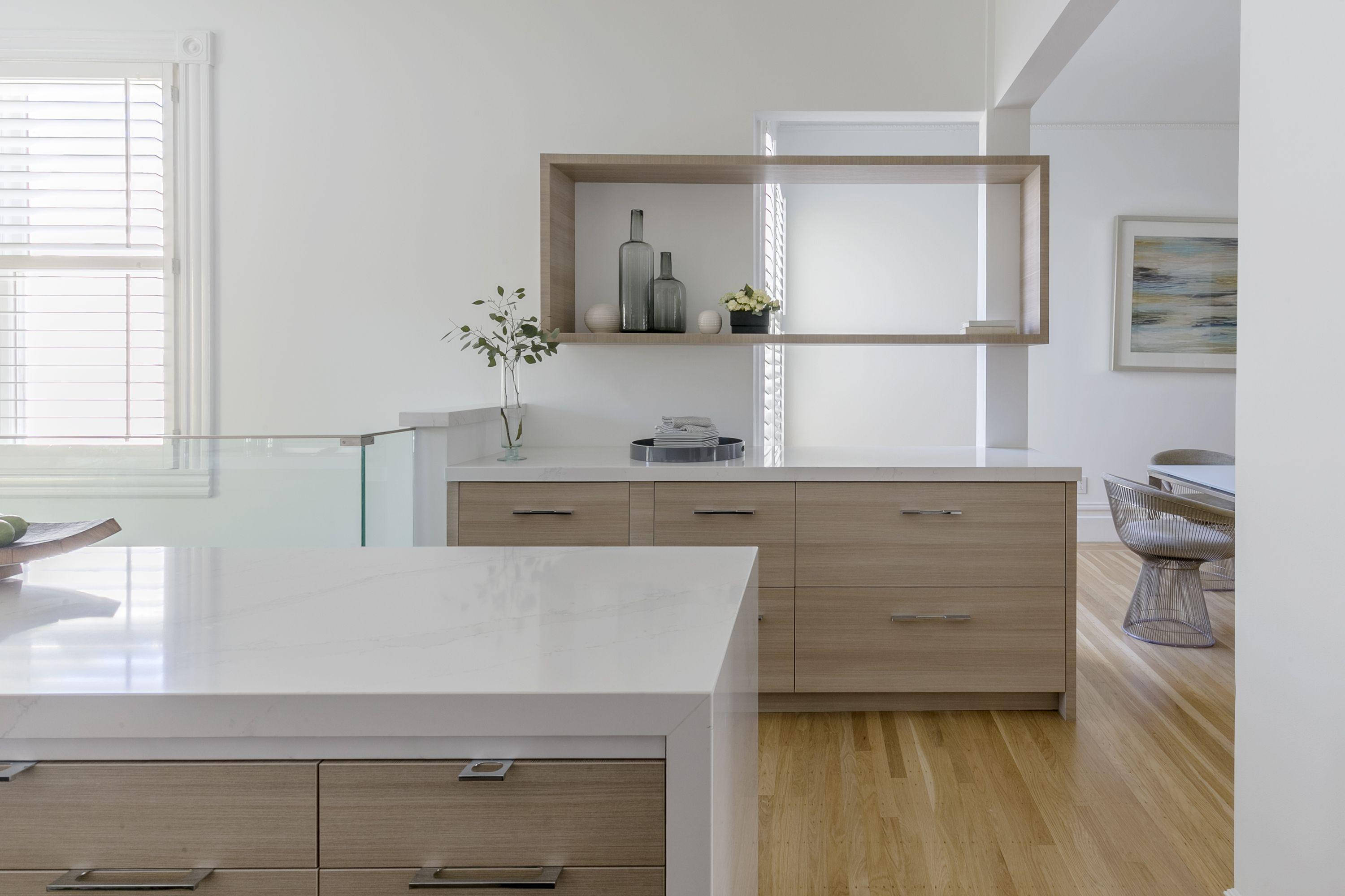 white modern home, modern kitchen, light wood cabinets, 2K Desktop Wallpaper