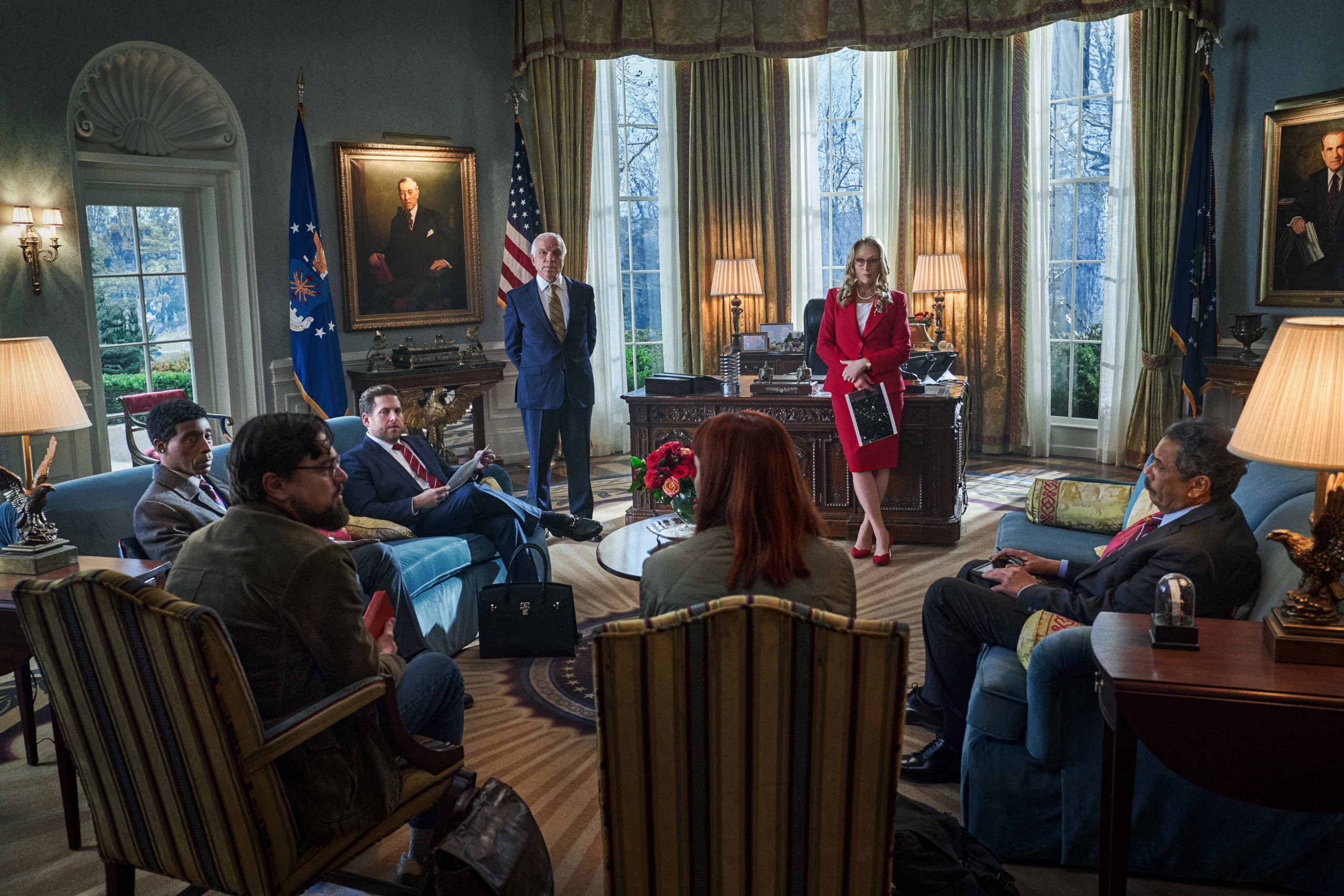 White House, red suit, formal office, 2K Desktop Wallpaper