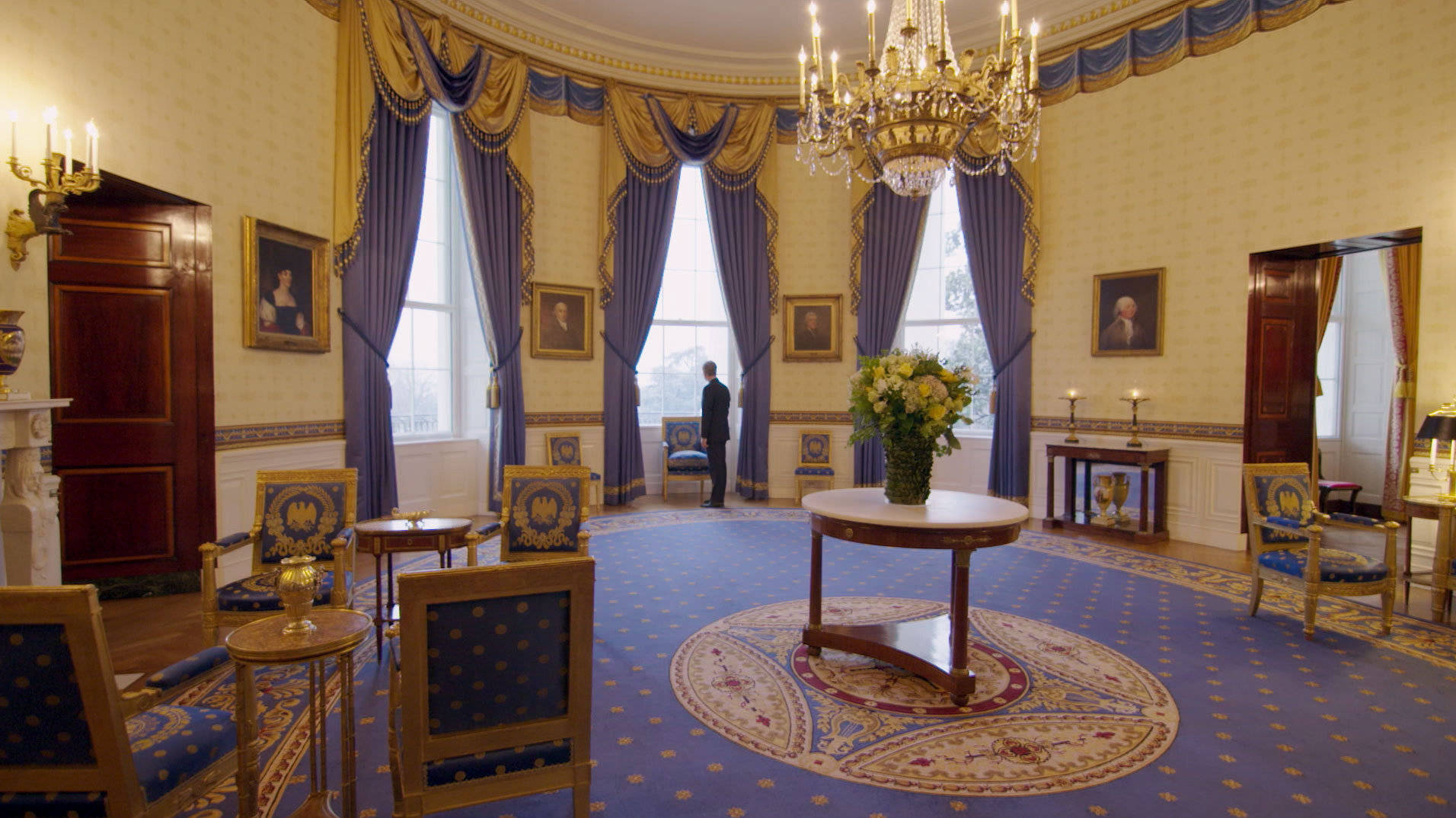White House, living room, blue damask curtains, HD Desktop Wallpaper