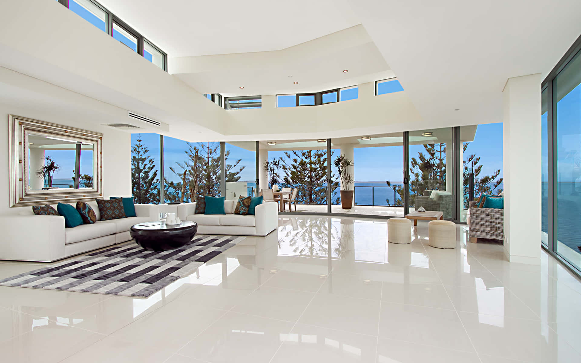 modern white living room, floor-to-ceiling windows, blue ocean, Full HD Desktop Wallpaper