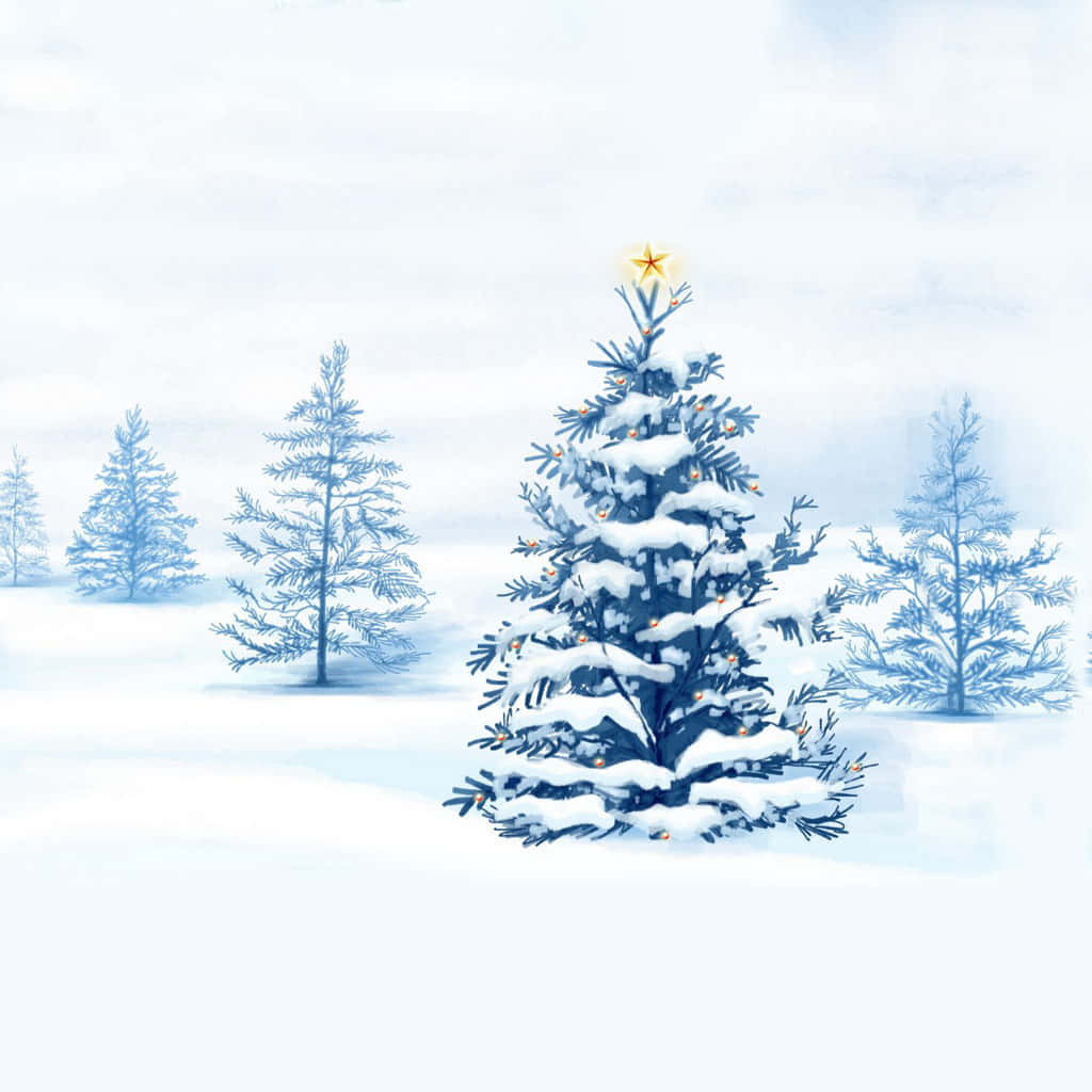 white iPad, snow-covered Christmas tree, glowing lights, SD Desktop Wallpaper