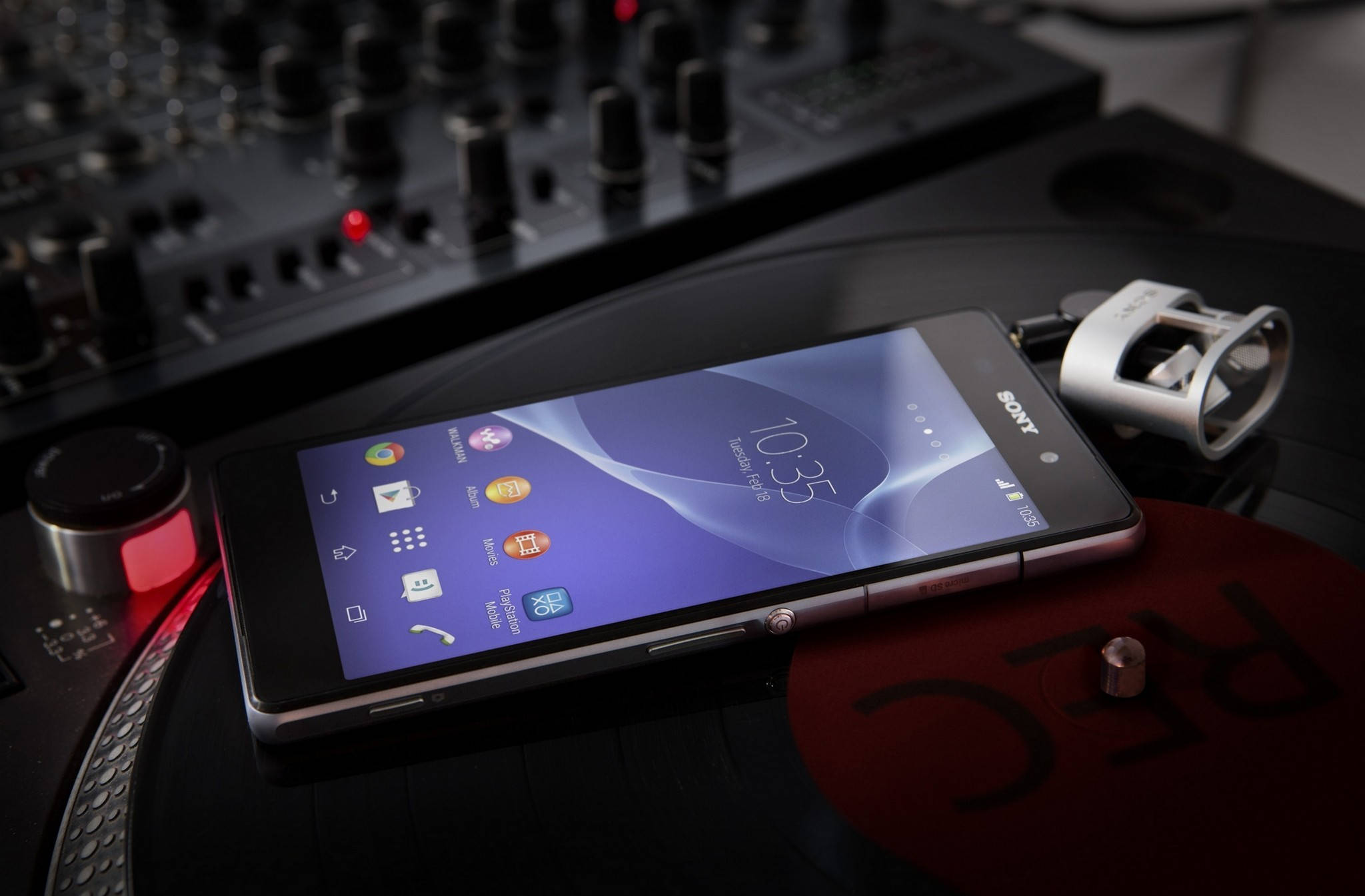 Sony smartphone, vinyl record, DJ mixer, Full HD Desktop Wallpaper