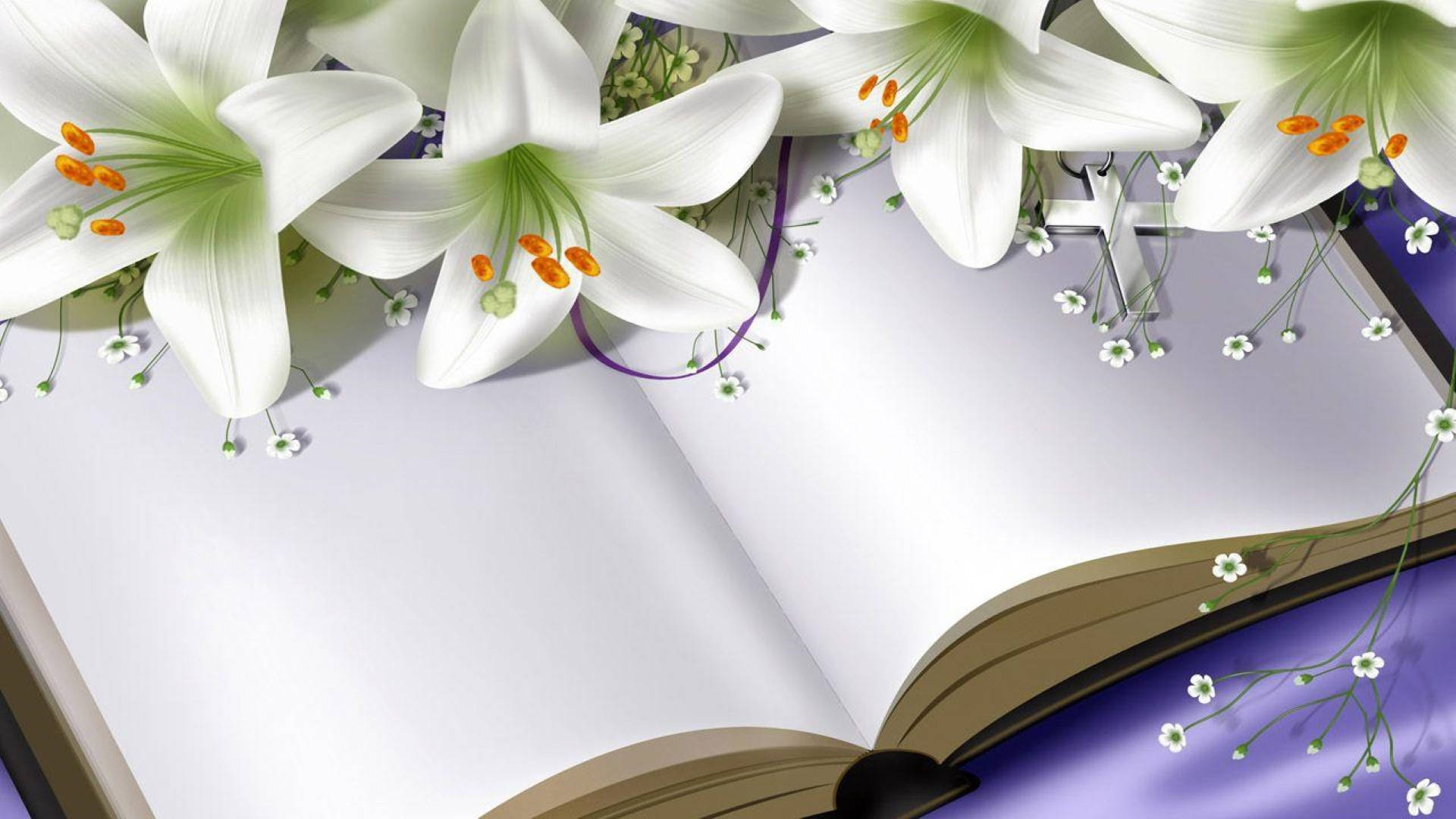 White Lily, orange stamens, open book, Full HD Desktop Wallpaper