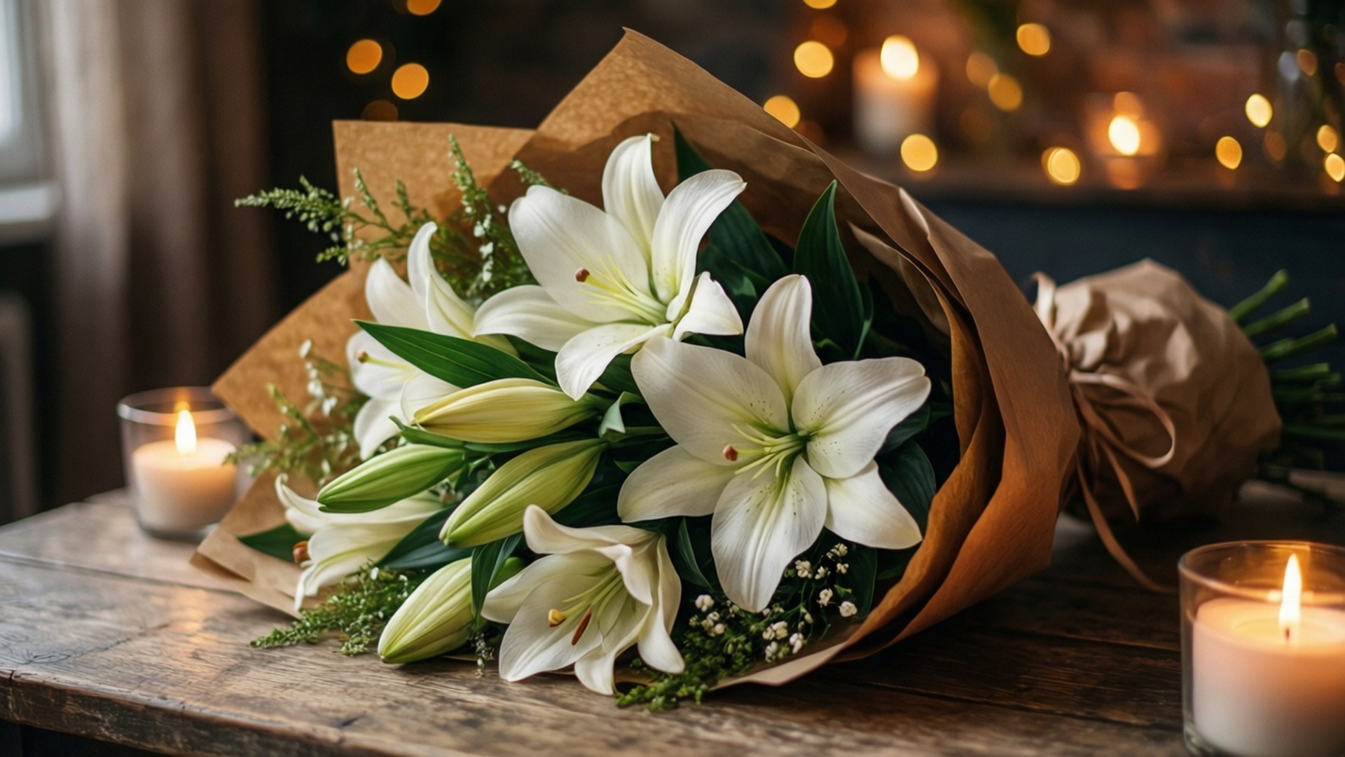 rustic white lily bouquet, white lilies, brown paper, Full HD Desktop Wallpaper