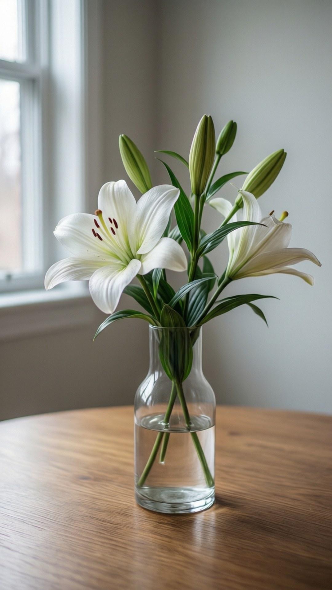 minimalist white lily vase, clear glass vase, white lilies, Full HD Phone Wallpaper
