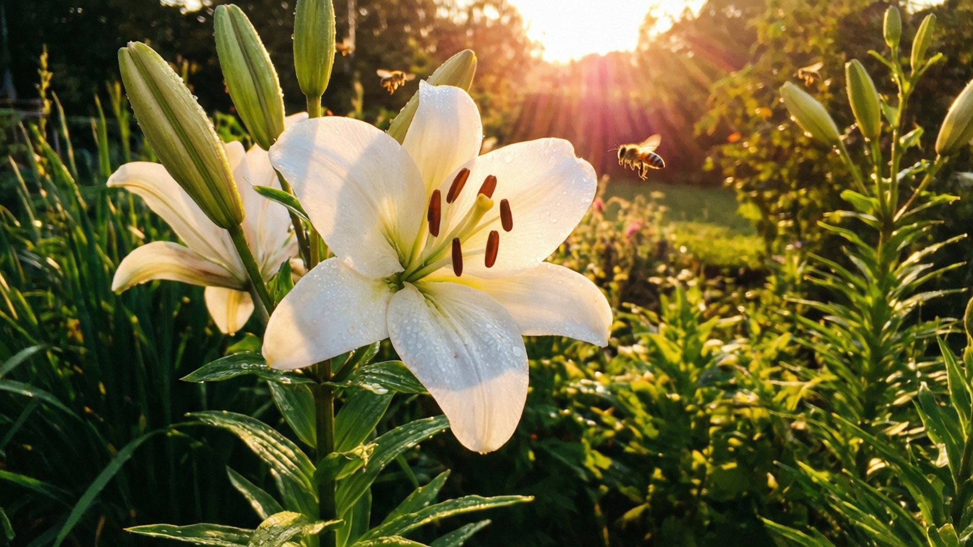 White Lily, sunrise, garden, Full HD Desktop Wallpaper