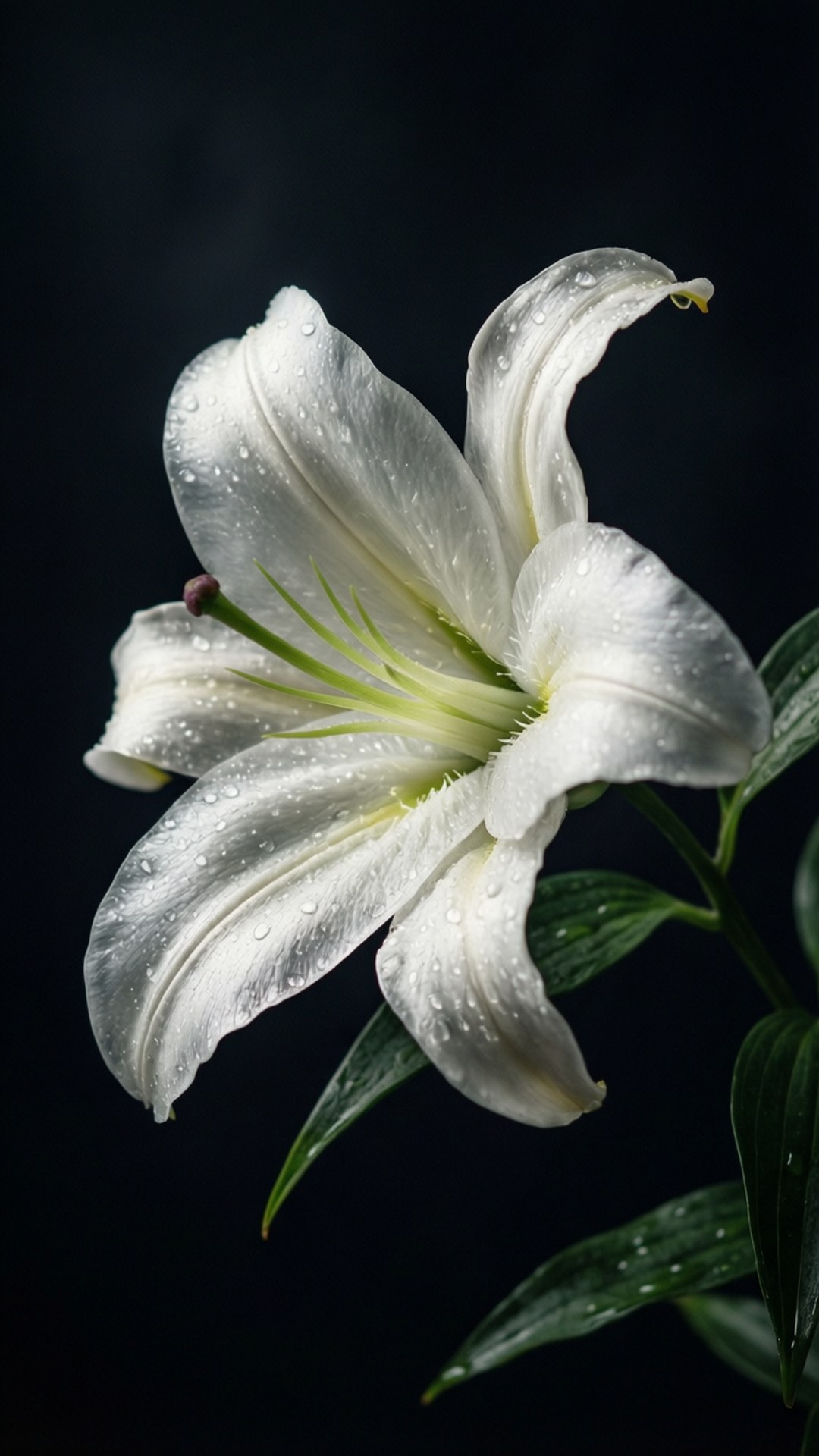 white lily, dewdrops, deep black background, Full HD Phone Wallpaper