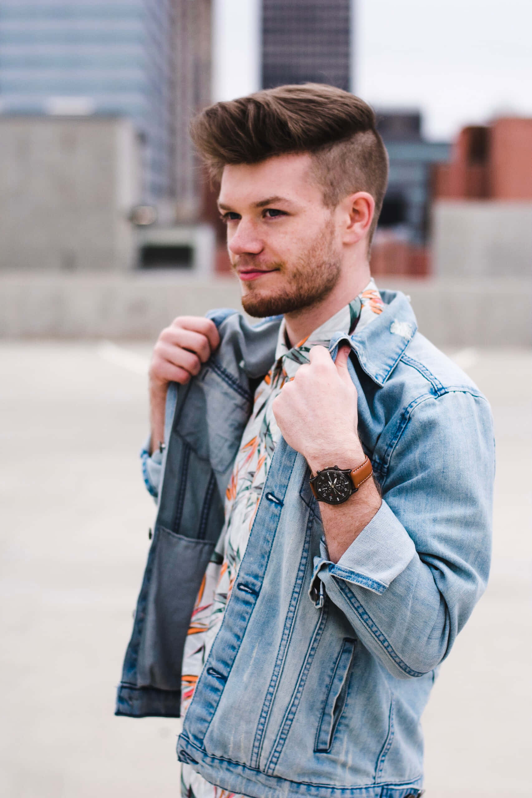 denim jacket, floral shirt, rooftop, 2K Phone Wallpaper