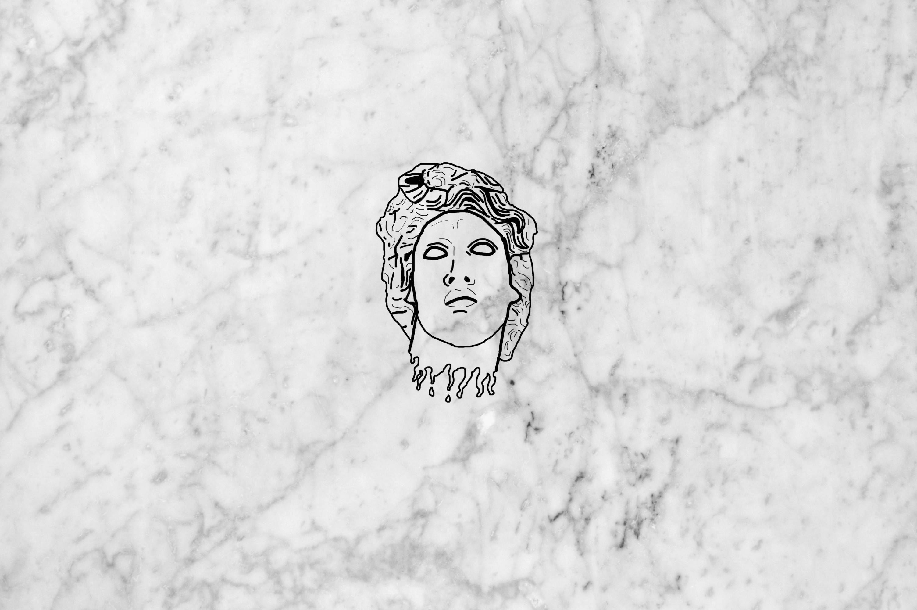 White Marble HD, minimalist line drawing, melting classical head, 2K Desktop Wallpaper