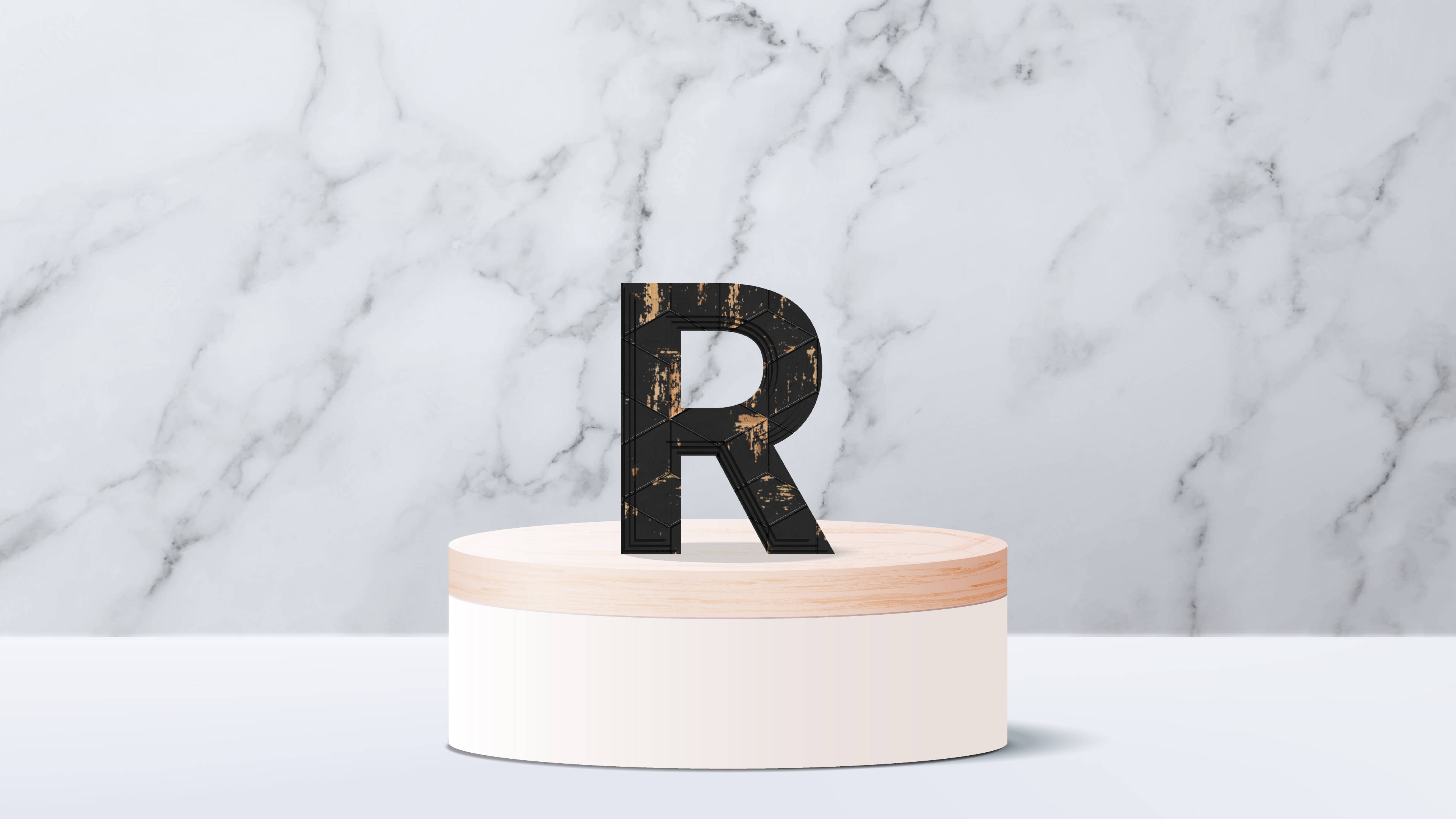 Cake R Alphabet, black distressed letter R, minimalist wooden and white pedestal, 4K Desktop Wallpaper