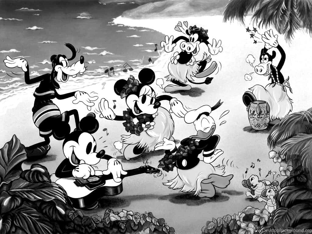 White Mickey Mouse, black outline, tropical beach, SD Desktop Wallpaper