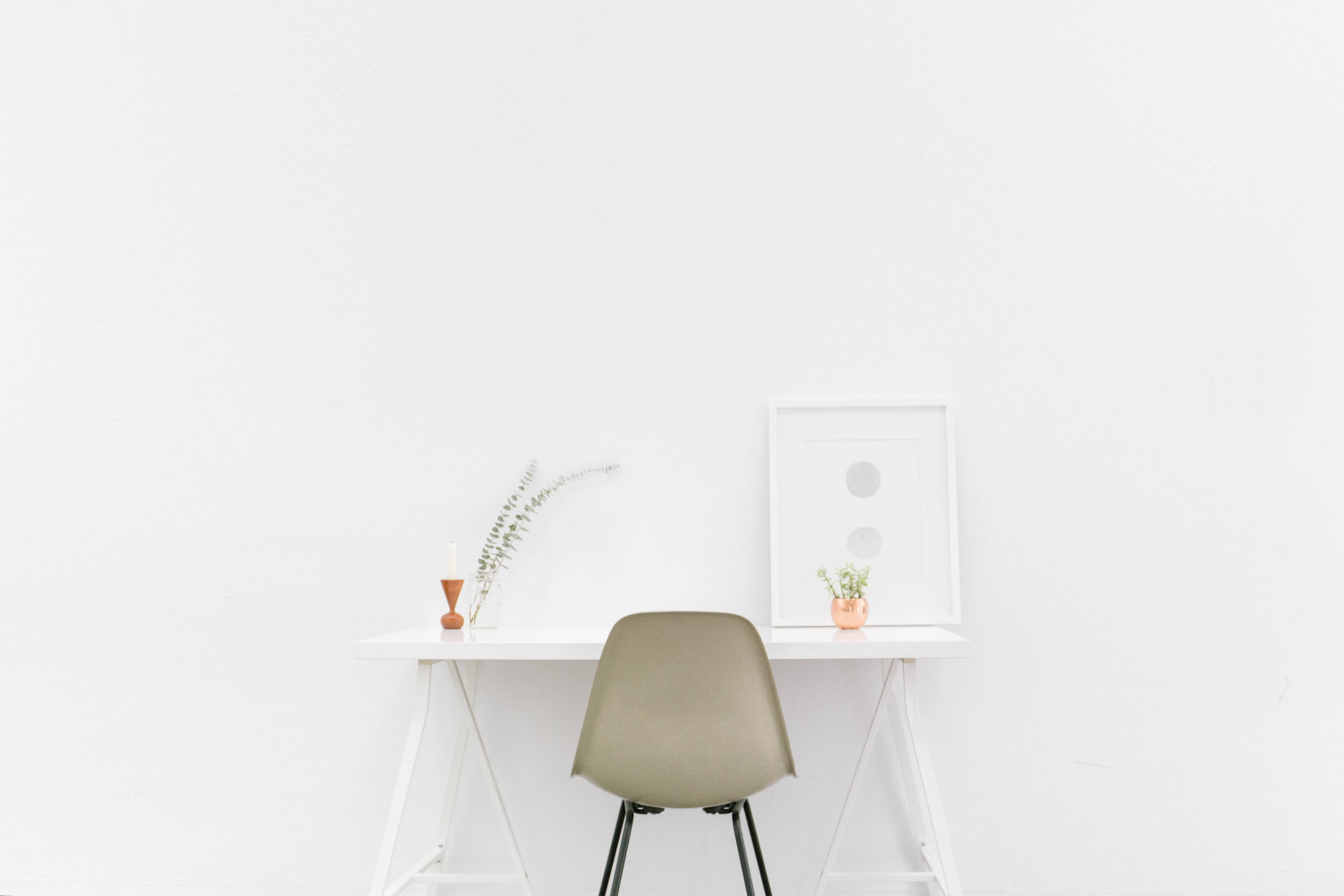 white minimalist workspace, white desk, gray chair, 2K Desktop Wallpaper