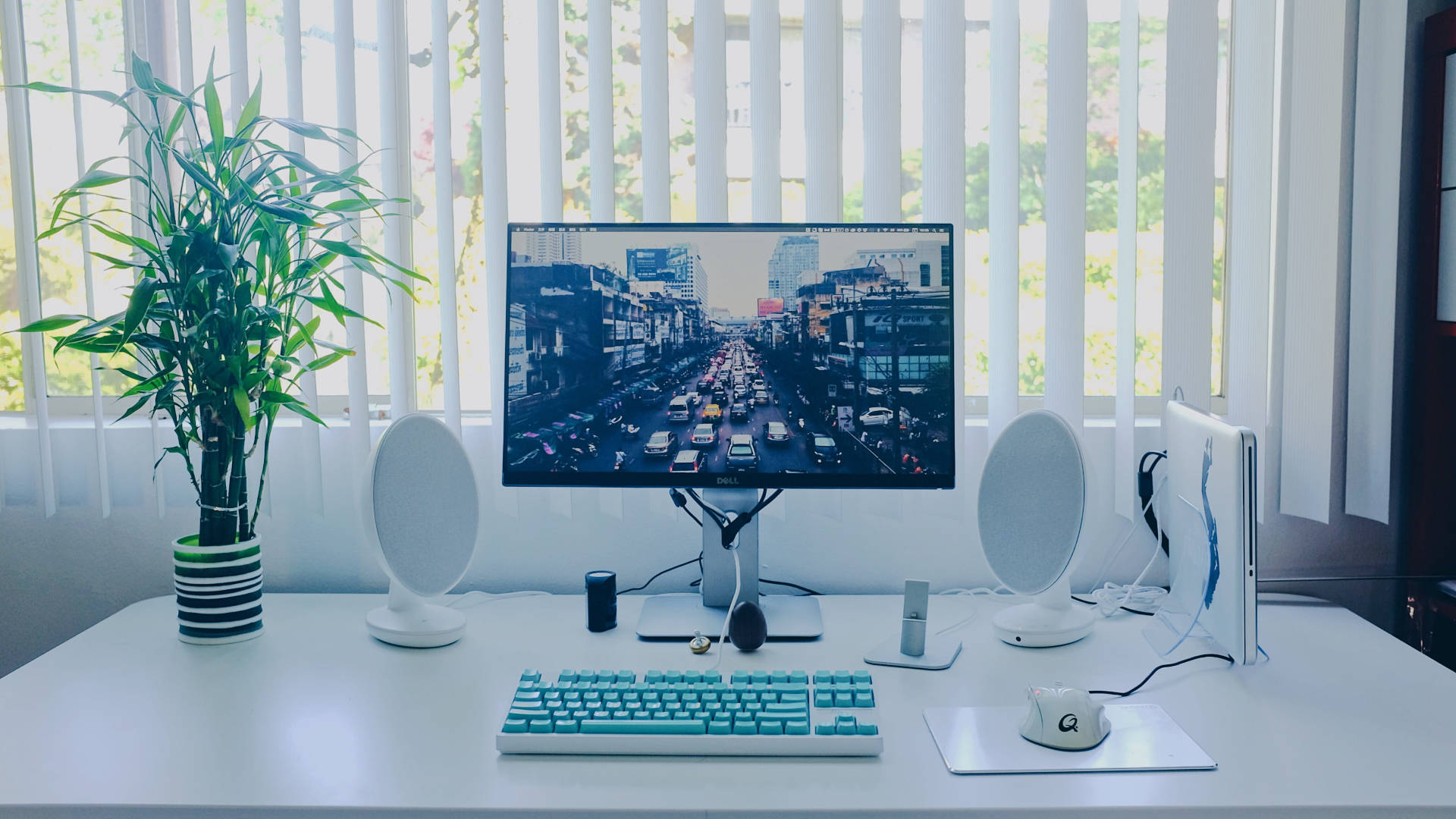 mint white desk setup, turquoise keyboard, speakers, Full HD Desktop Wallpaper