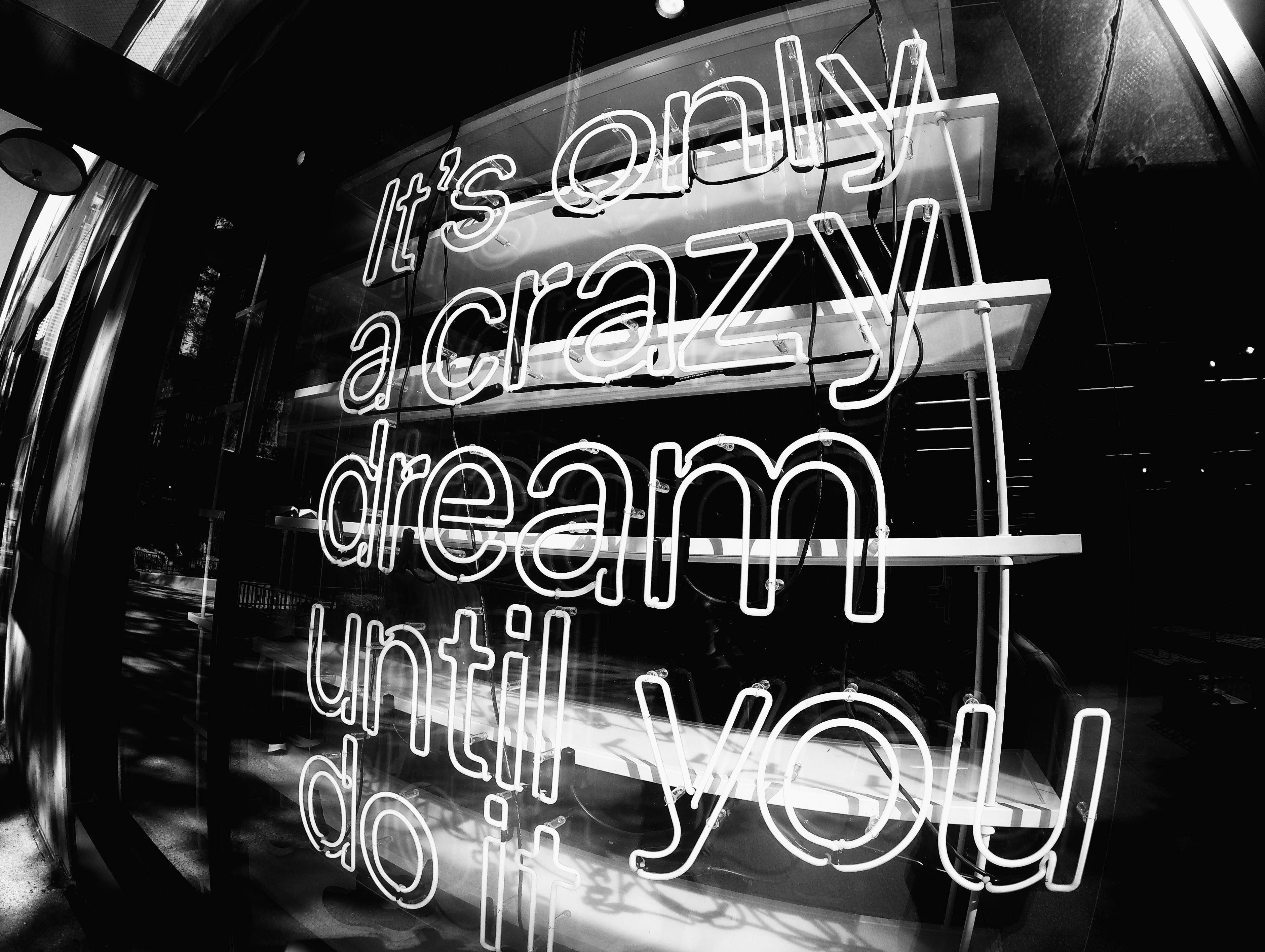 Crazy Dream White Neon Aesthetic, neon sign, glowing neon sign, 2K Desktop Wallpaper
