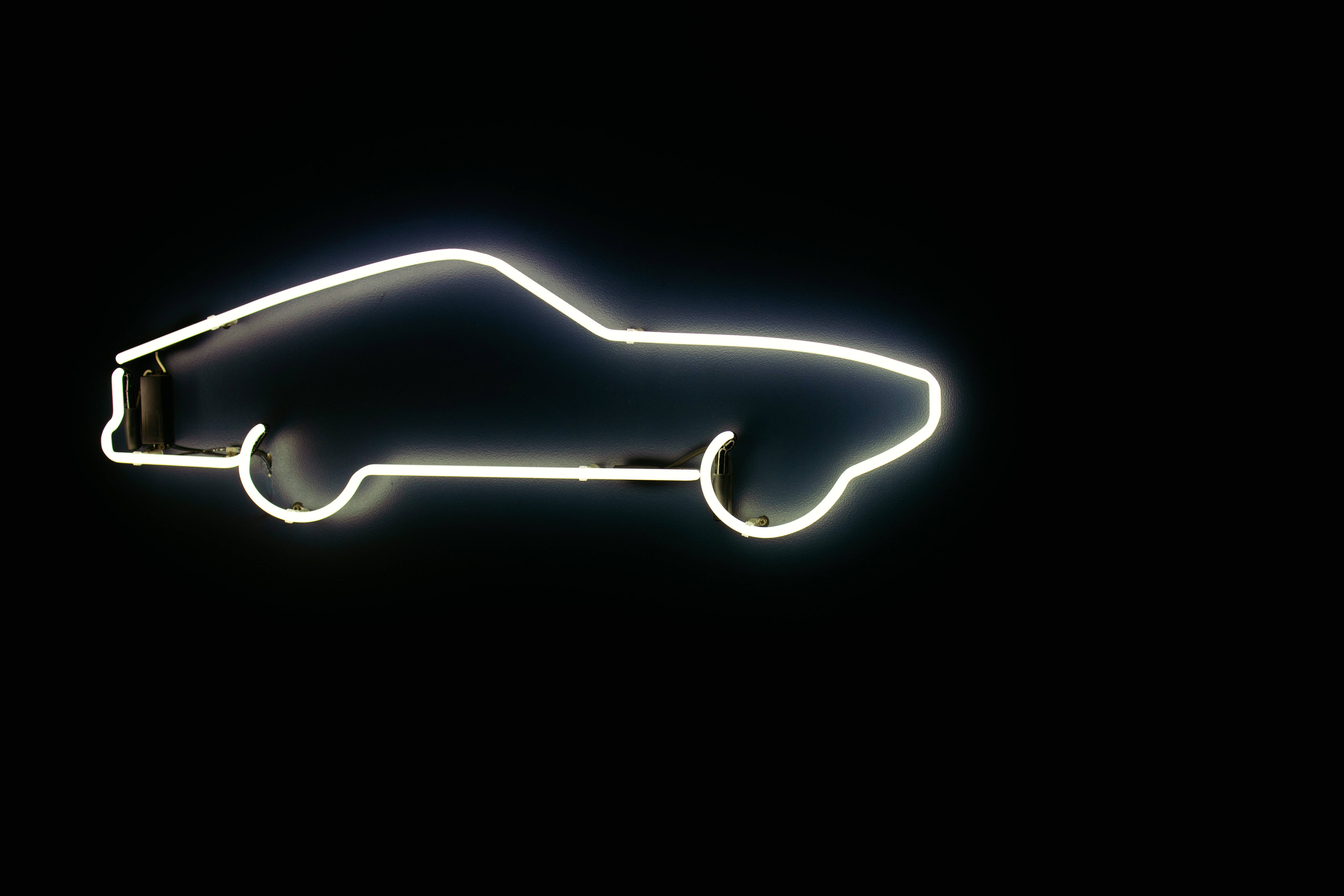 White Neon Aesthetic, vintage car, glowing white neon outline, 5K Desktop Wallpaper