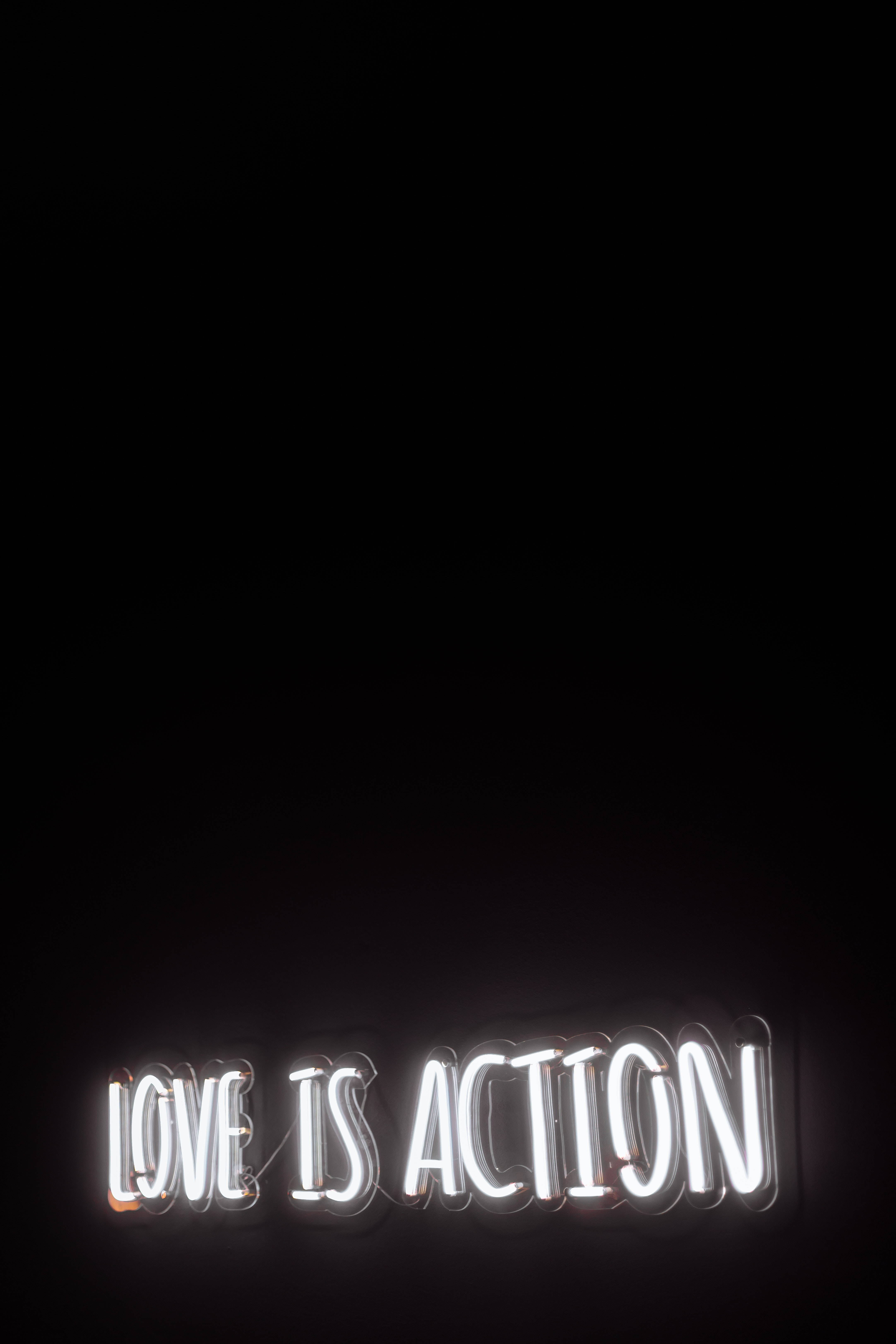 White Neon Aesthetic, love is action, glowing white neon sign, 5K Phone Wallpaper
