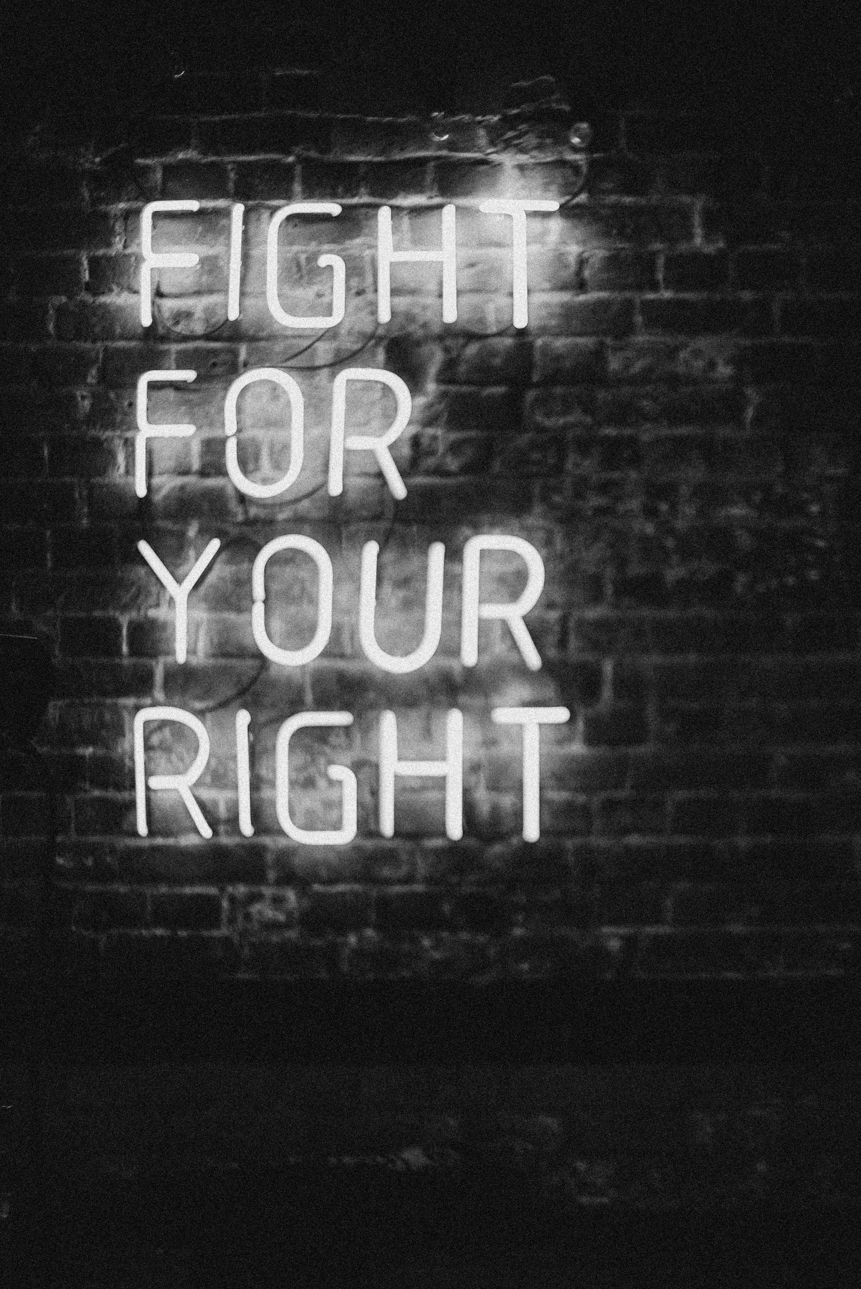 fight for your right, white neon sign, dark brick wall, 4K Phone Wallpaper