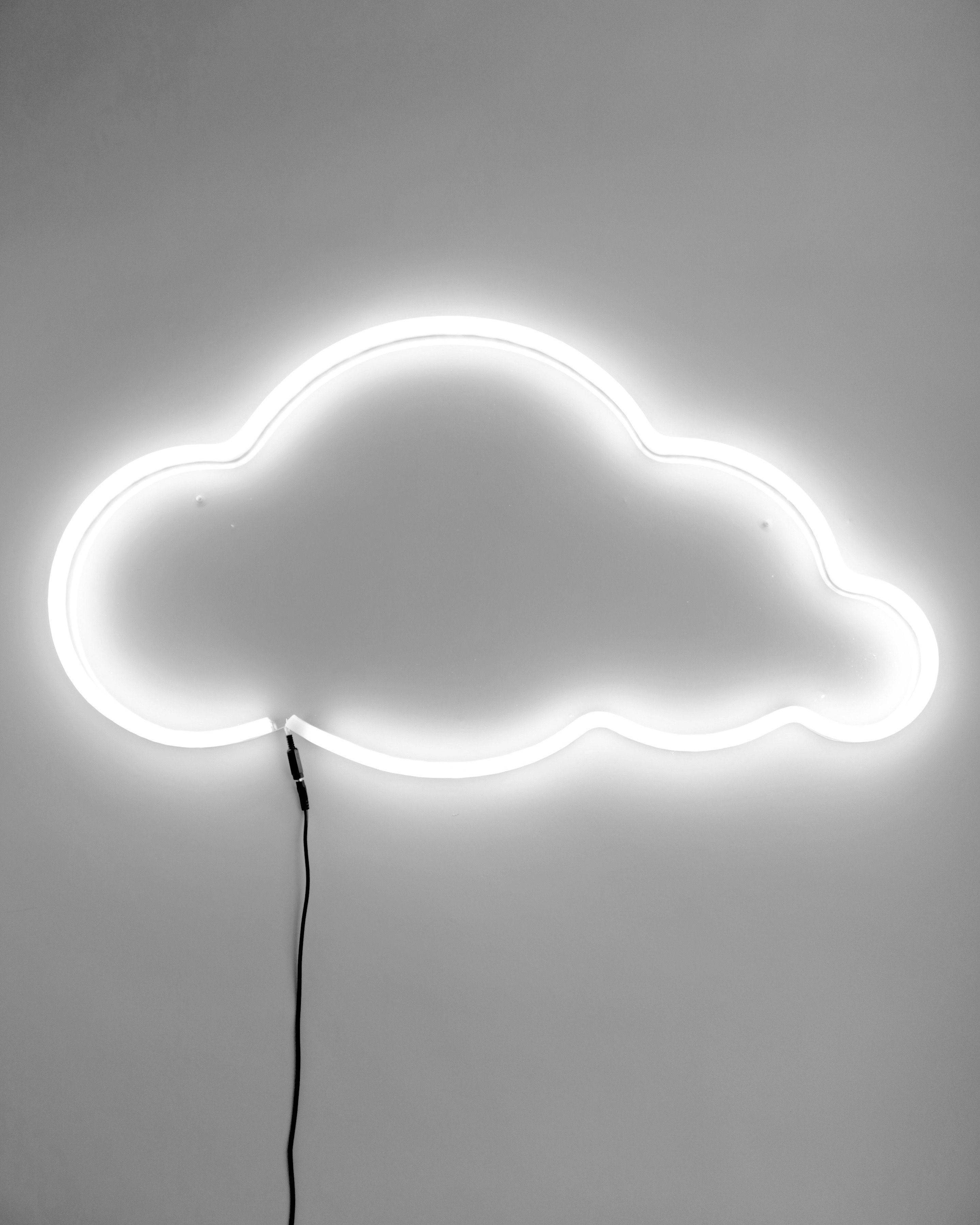 white neon cloud light fixture, plain gray wall, black power cord, 2K Phone Wallpaper