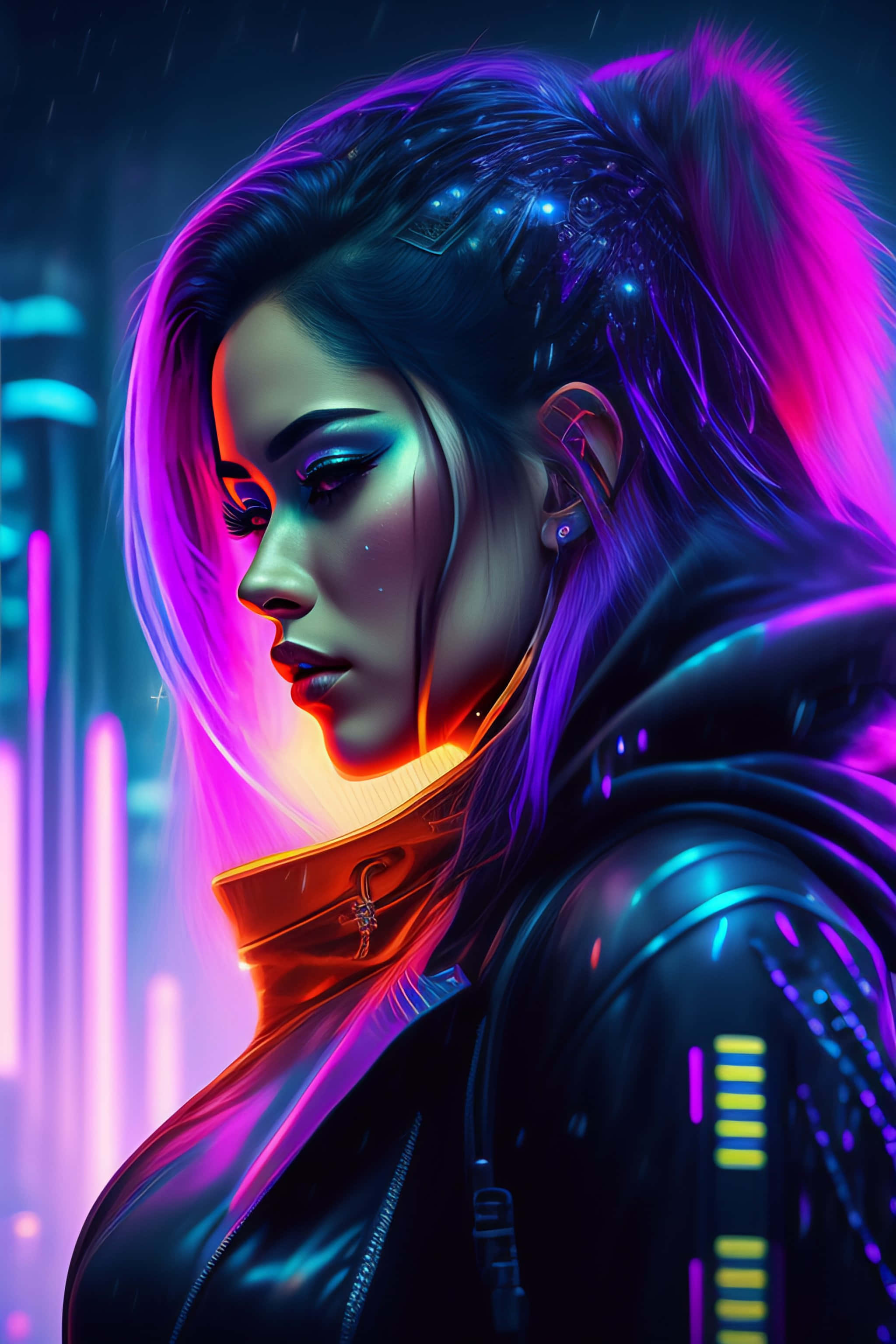 cyberpunk woman, glowing neon hair, futuristic gear, 2K Phone Wallpaper