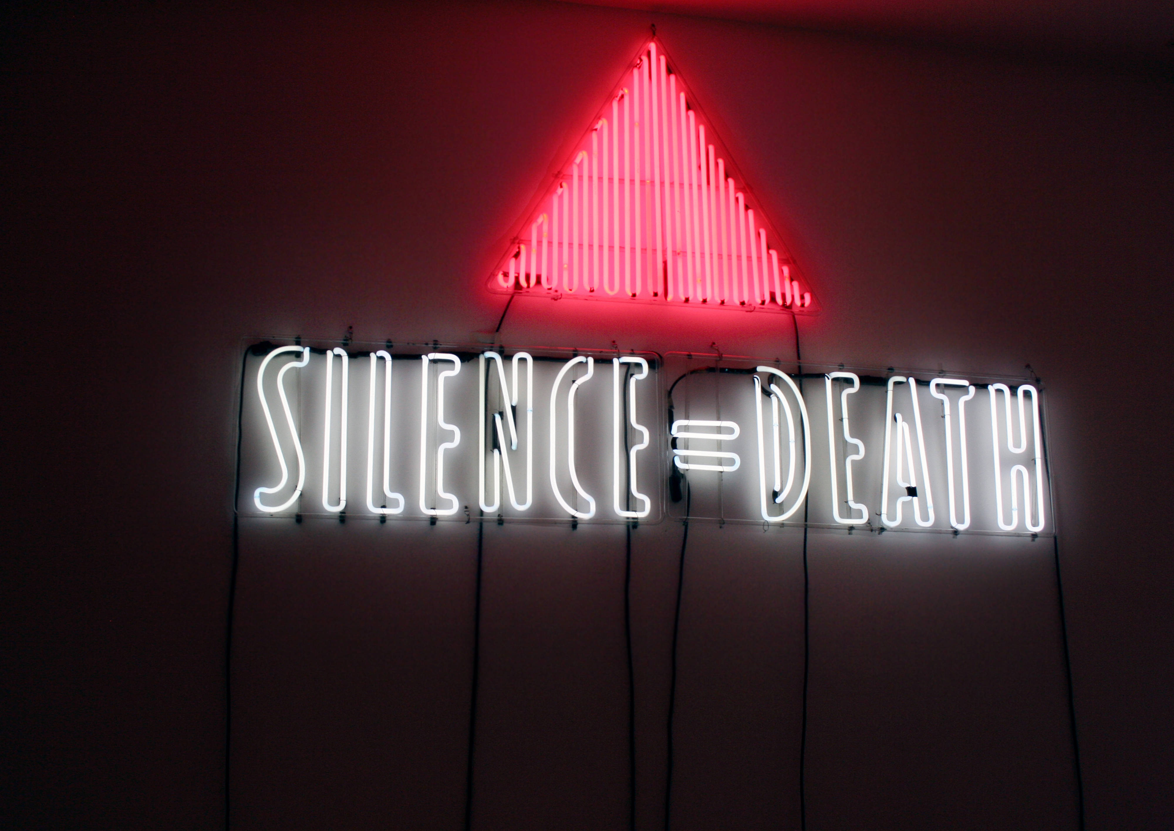 Silence Death, white neon, red triangular symbol, 4K Desktop Wallpaper