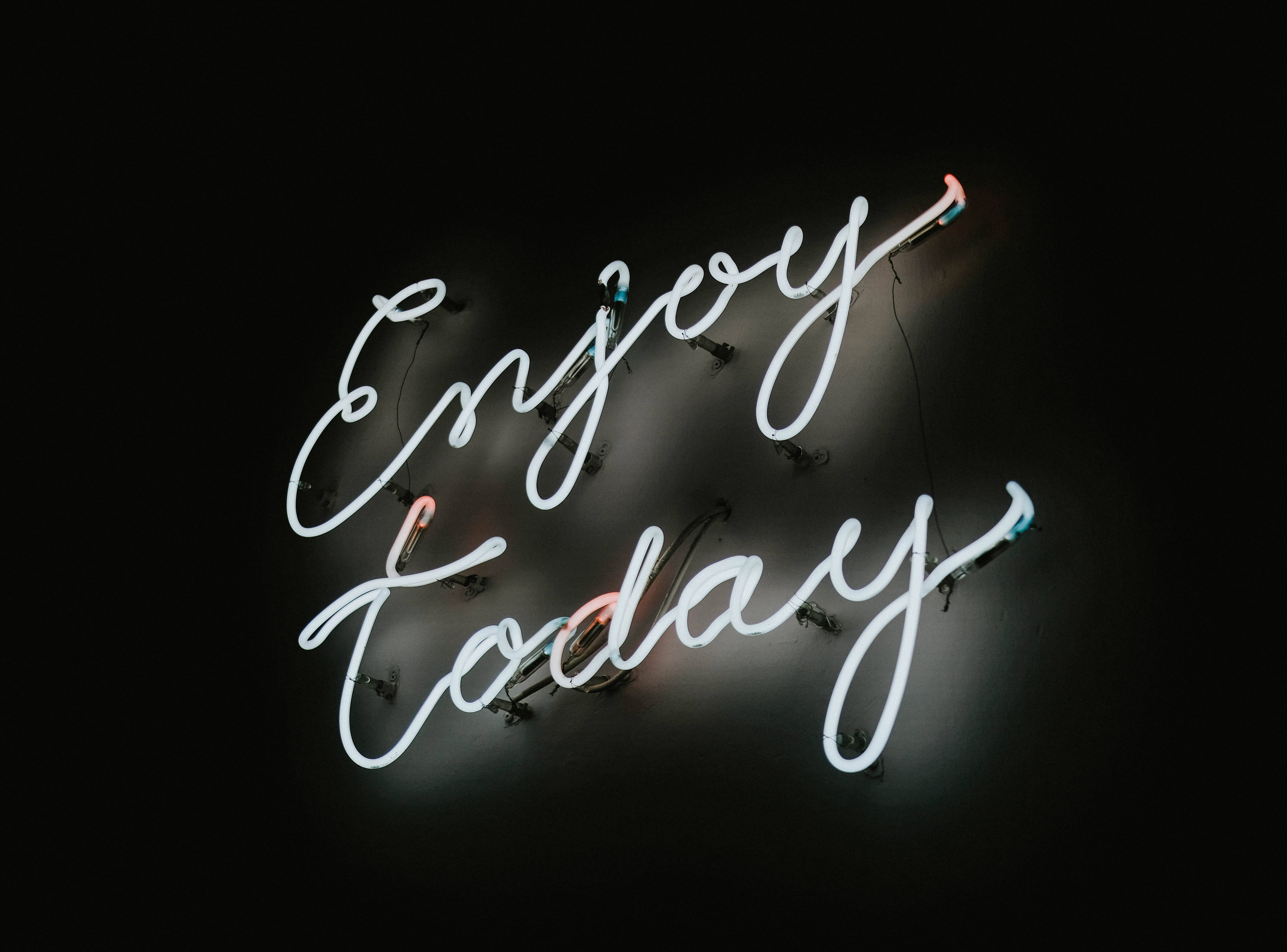 White Neon Aesthetic, Enjoy Today, glowing white neon sign, 5K Desktop Wallpaper