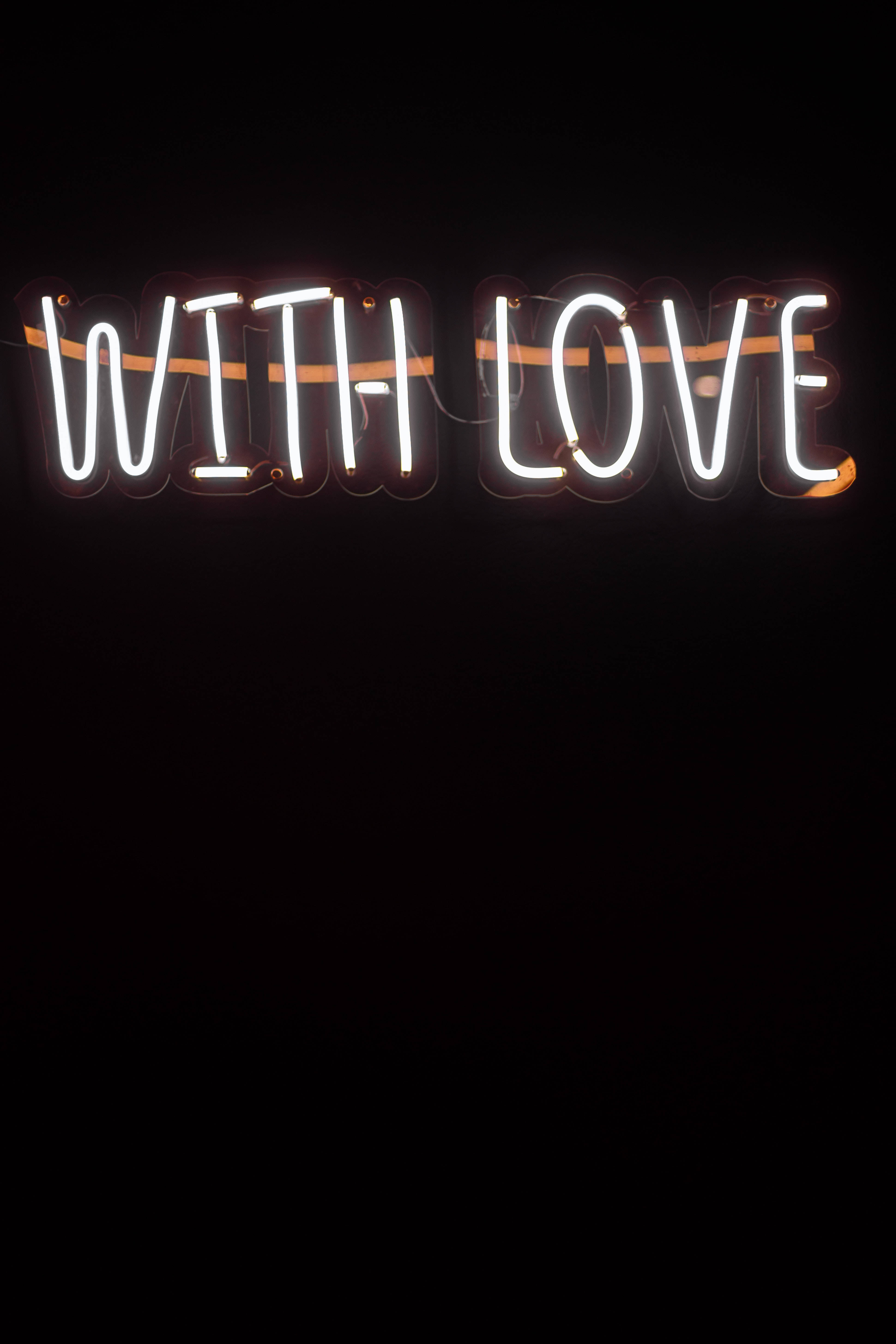 WITH LOVE, white neon, pitch black background, 5K Phone Wallpaper