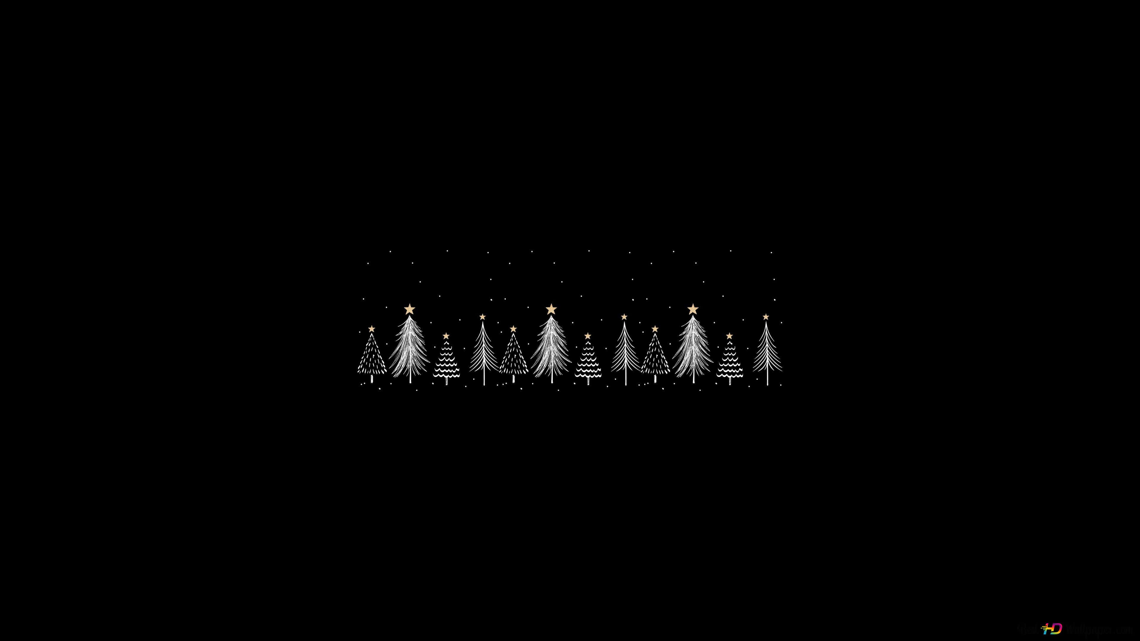 Minimalist Christmas Desktop, white Christmas trees, gold stars, 4K Desktop Wallpaper
