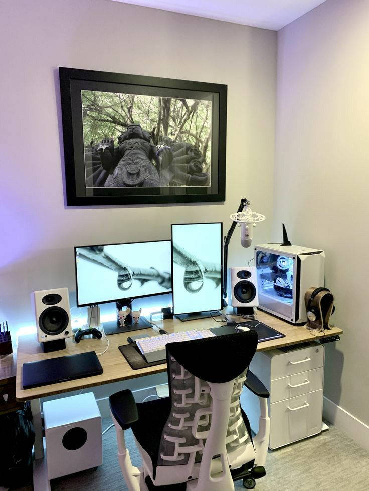 white PC, dual monitors, gaming chair, SD Phone Wallpaper
