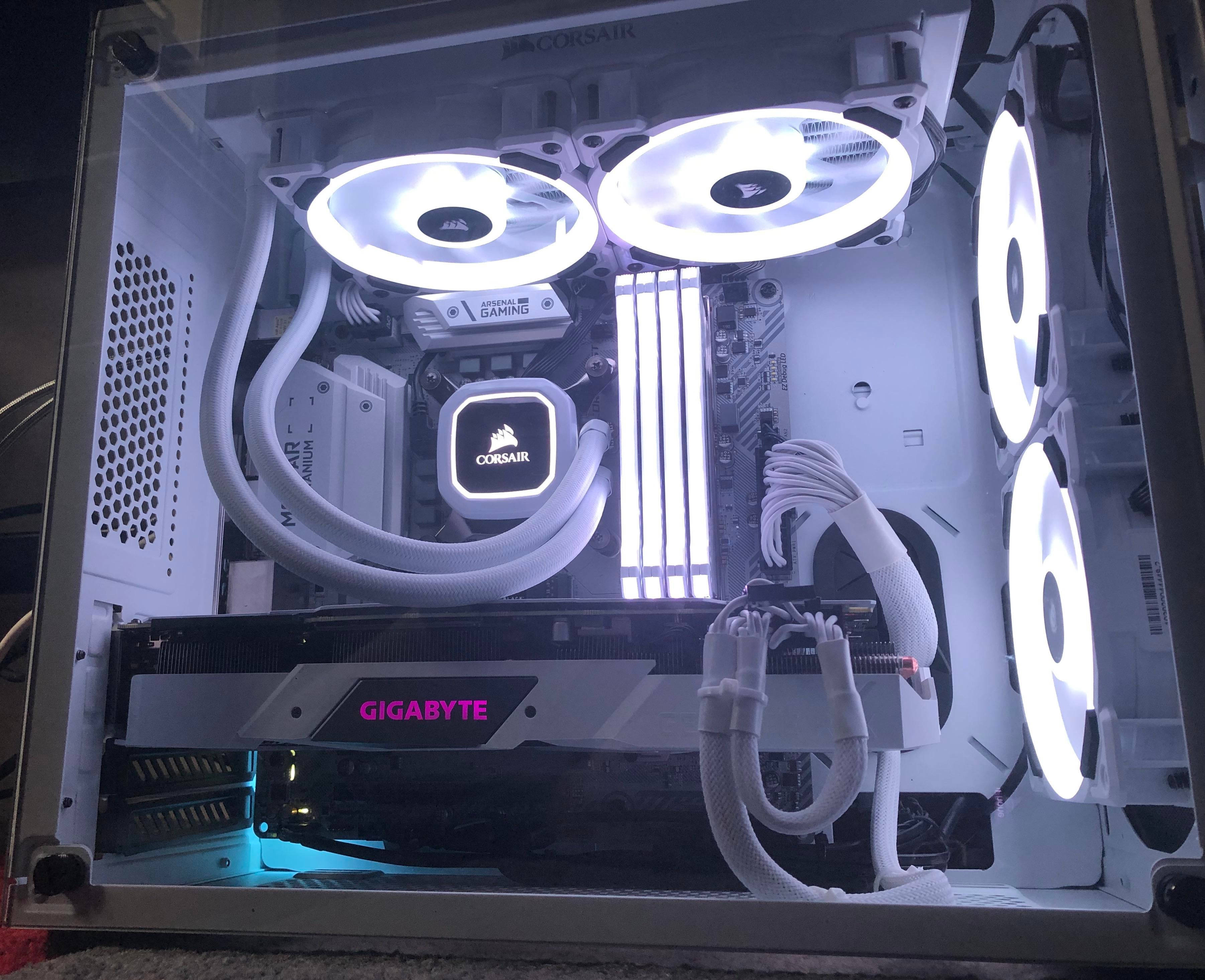 White PC, liquid-cooled gaming PC, glowing fans, 2K Desktop Wallpaper