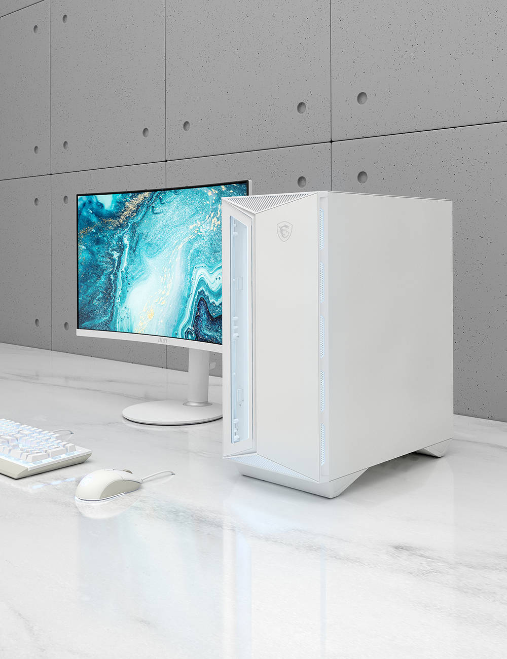 White Pc, vibrant blue marble wallpaper, polished marble desk, HD Phone Wallpaper