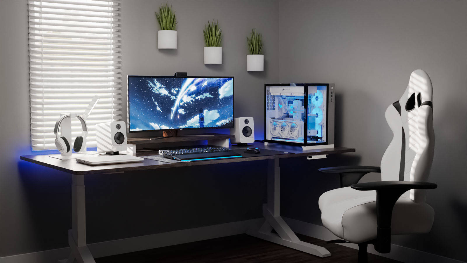 white PC, dual monitors, blue glow, HD Desktop Wallpaper