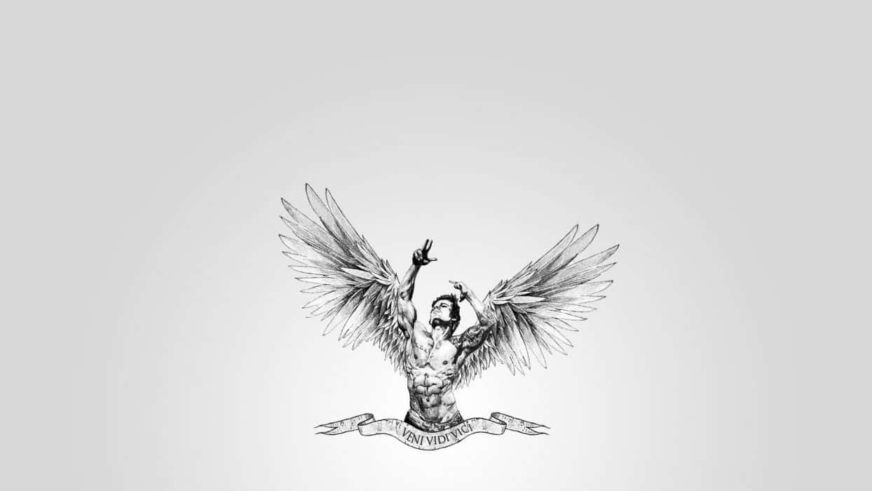white PC, muscular winged man, outstretched arms, SD Desktop Wallpaper