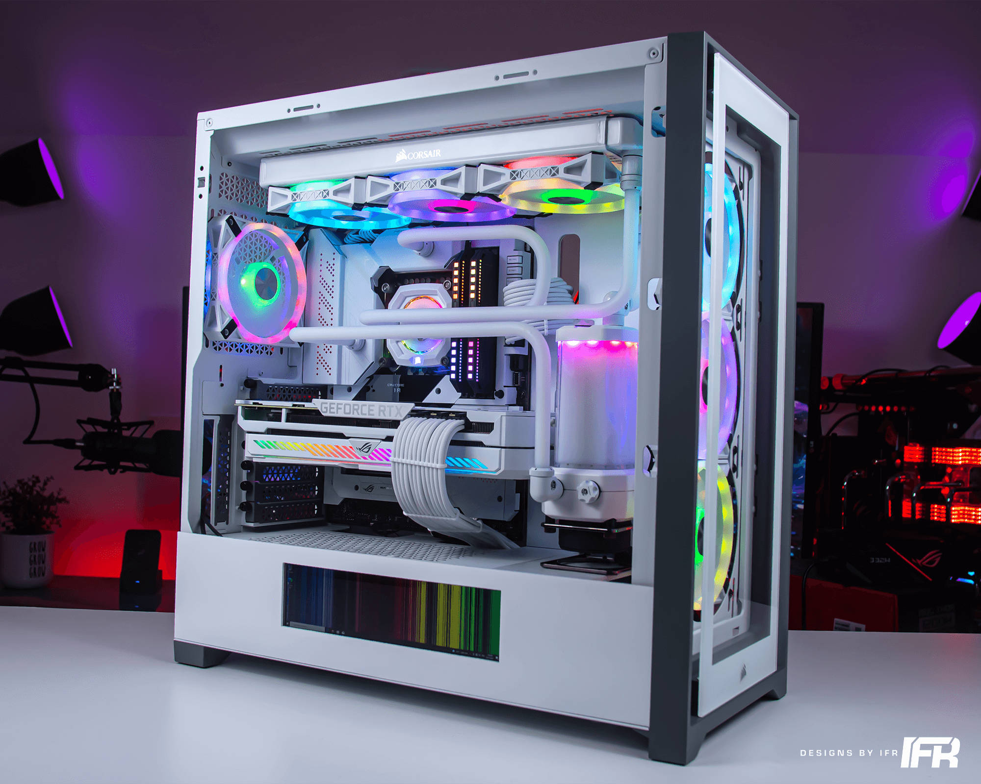 white computer case, transparent side panel, glowing rainbow RGB fans, Full HD Desktop Wallpaper