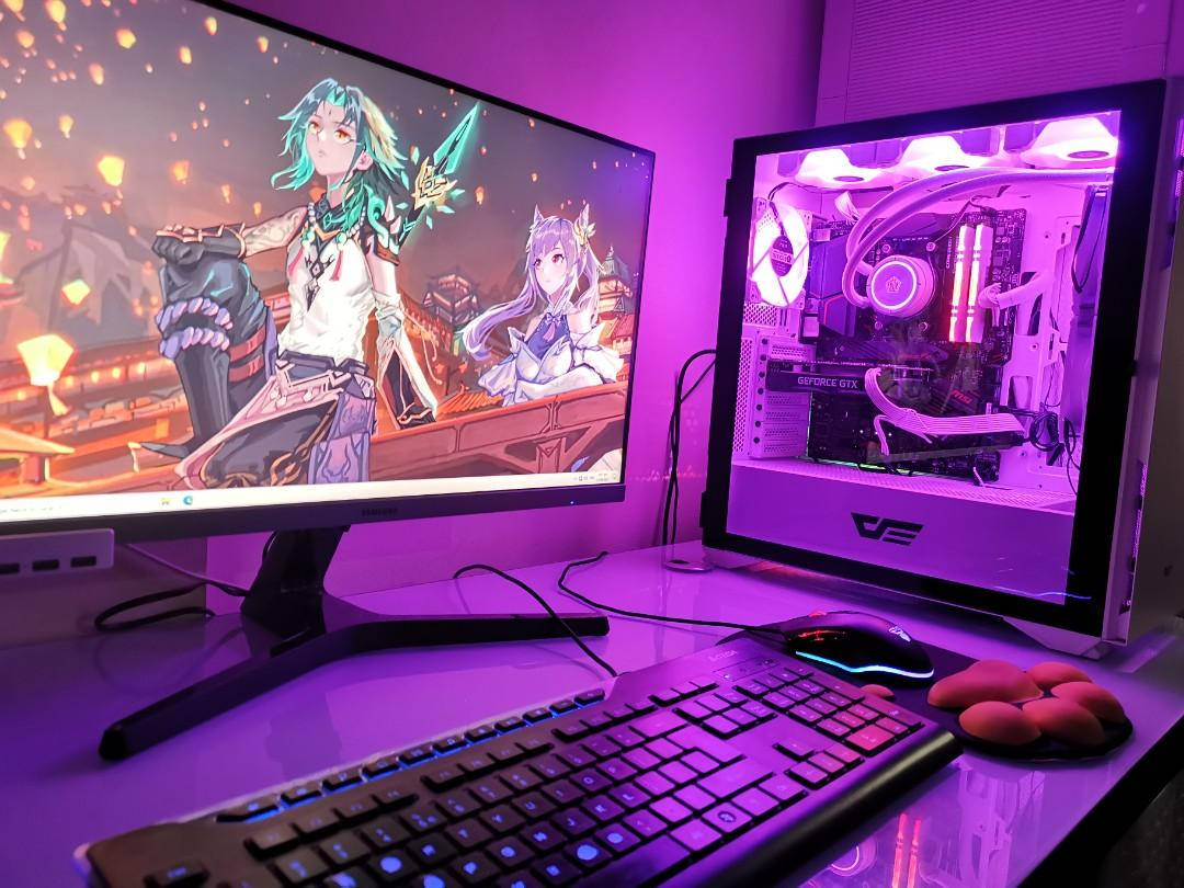 white PC, glowing purple, anime characters, SD Desktop Wallpaper