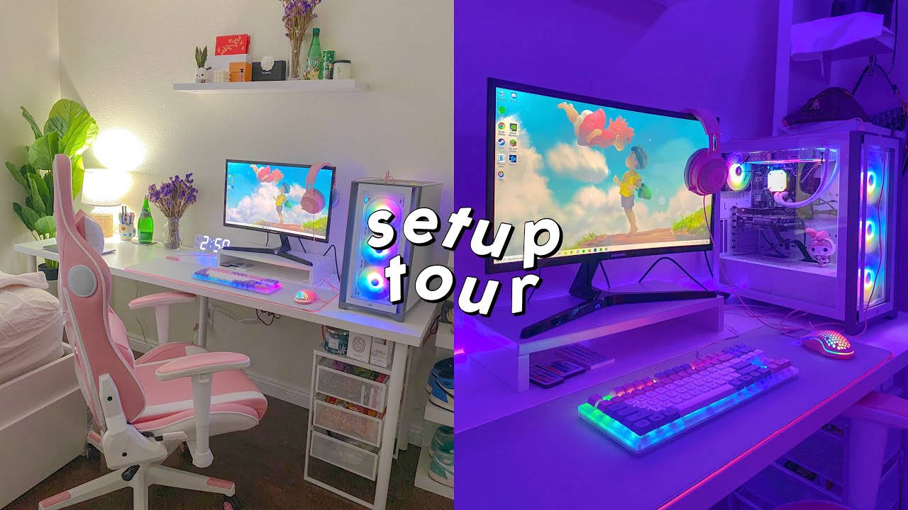 White PC, pink chair, glowing RGB peripherals, HD Desktop Wallpaper