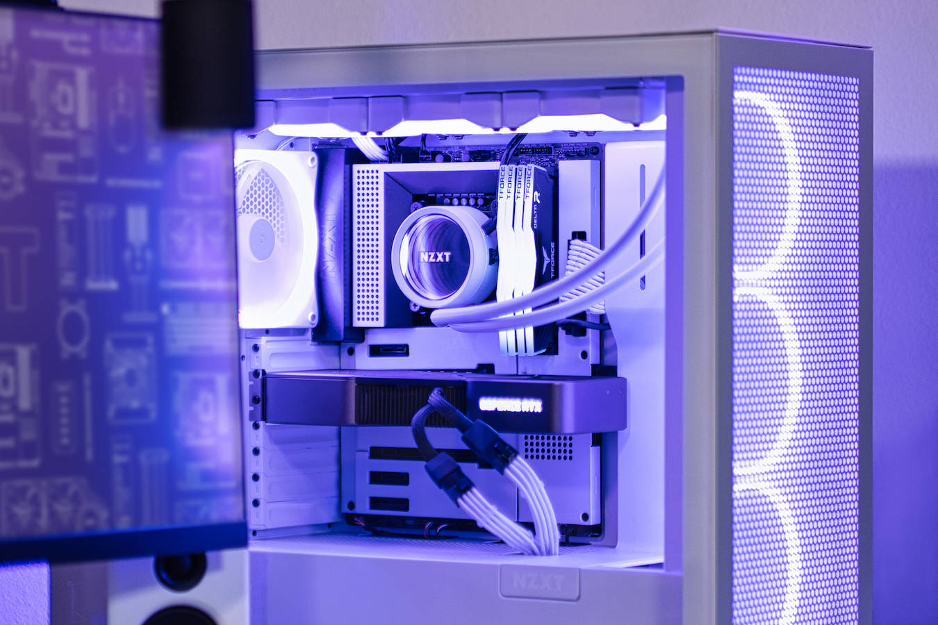 white computer case, vibrant purple LED lighting, meticulously organized internal components, HD Desktop Wallpaper