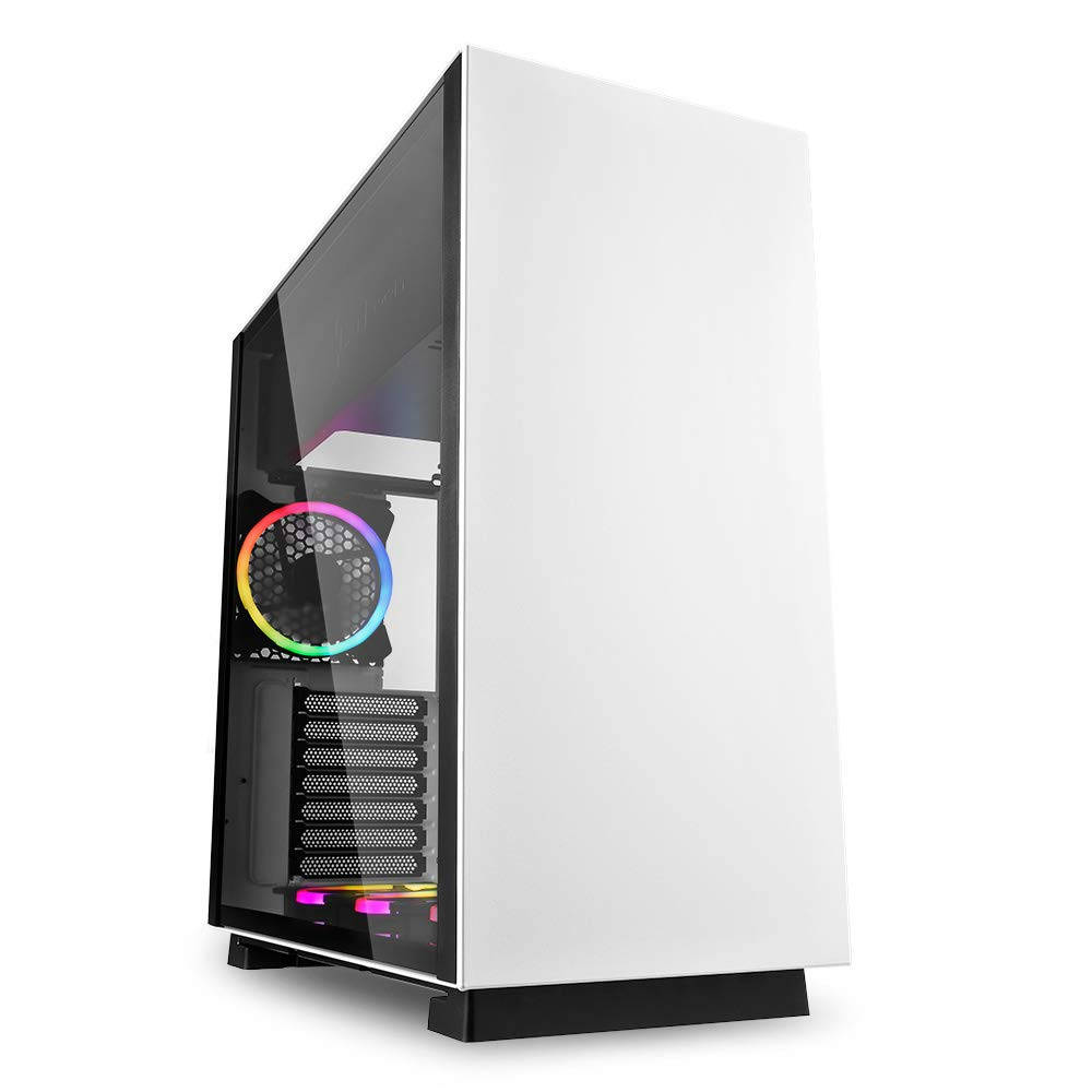 white gaming PC case, transparent side panel, rainbow-lit internal components, SD Desktop Wallpaper