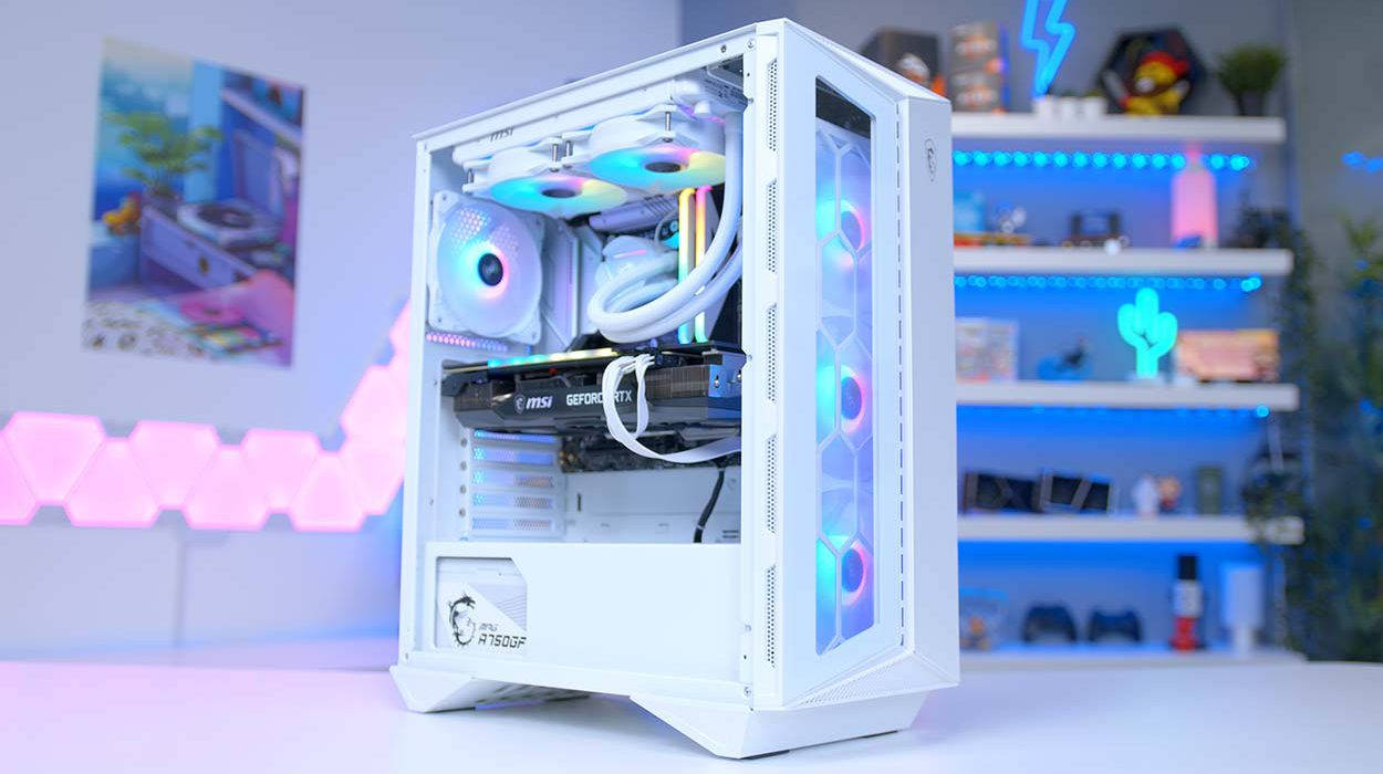 white computer case, blue lights, glowing RGB fans, SD Desktop Wallpaper
