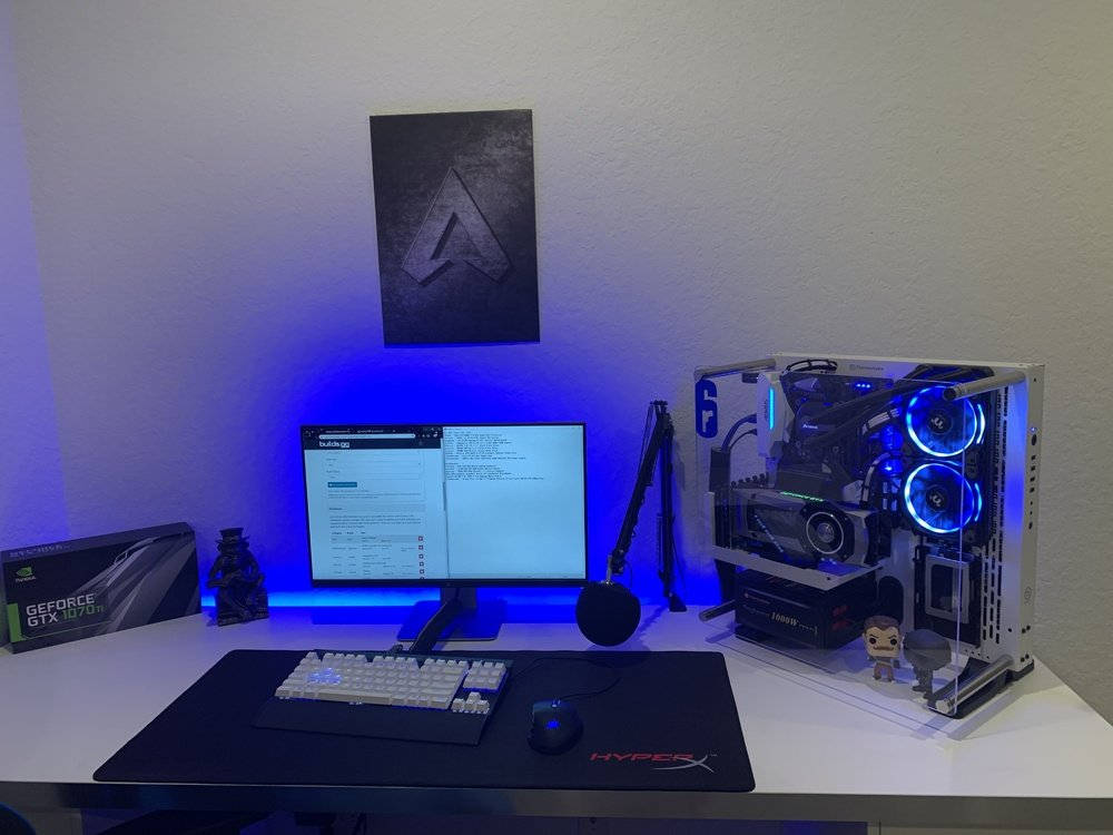 White PC, glowing blue PC, white keyboard, SD Desktop Wallpaper