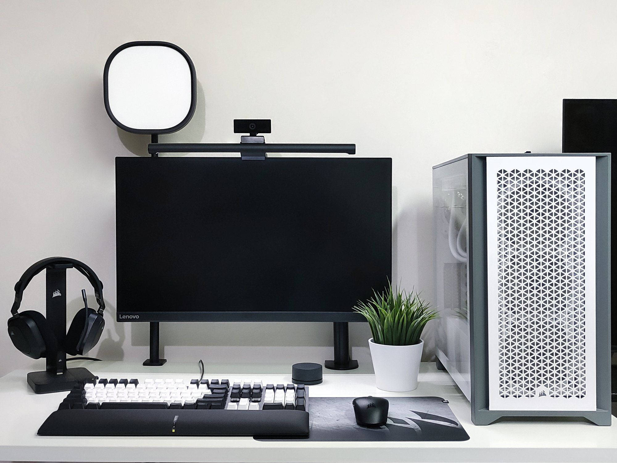 white PC, black monitor, black keyboard, Full HD Desktop Wallpaper