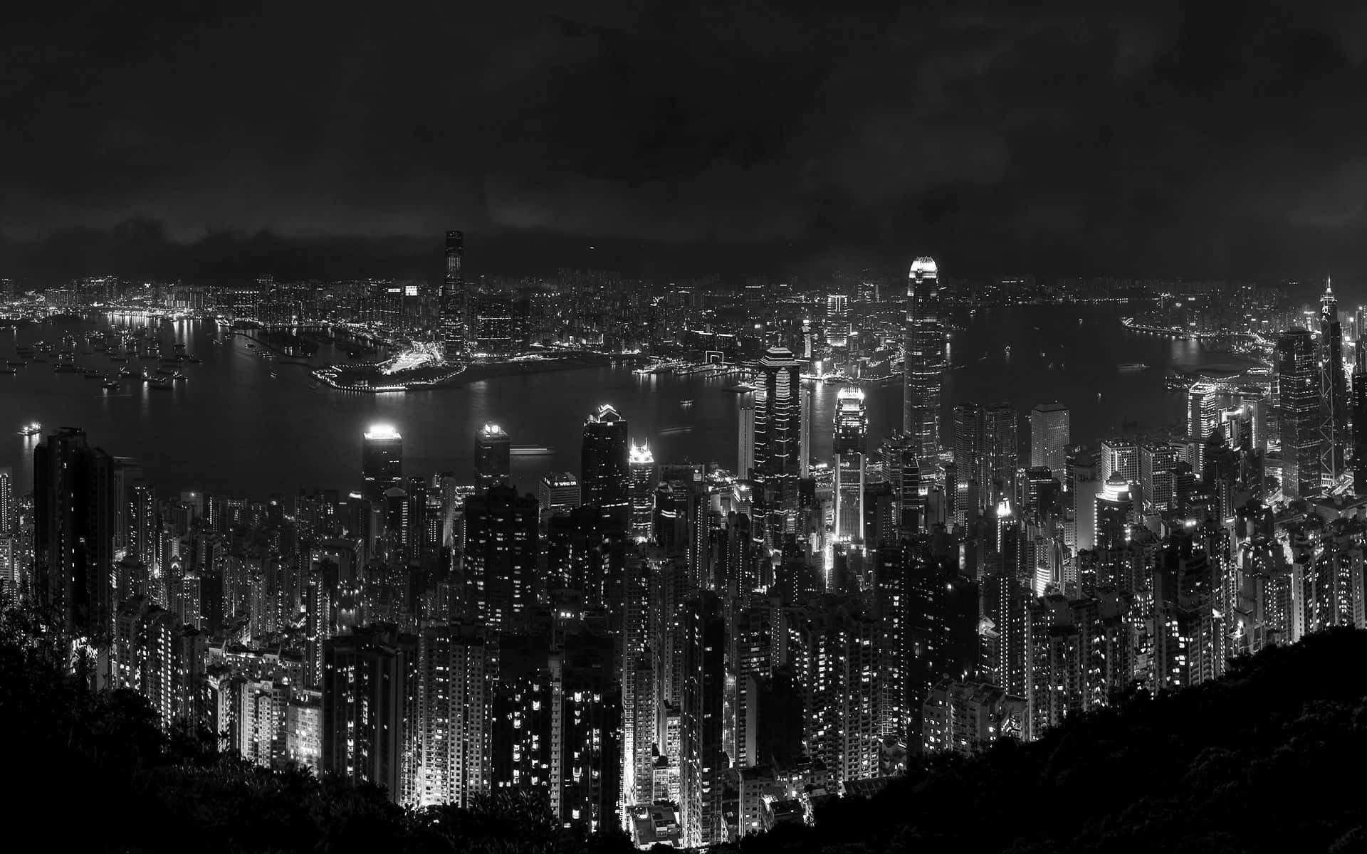 Black and White Pc, aerial view, densely lit cityscape, Full HD Desktop Wallpaper