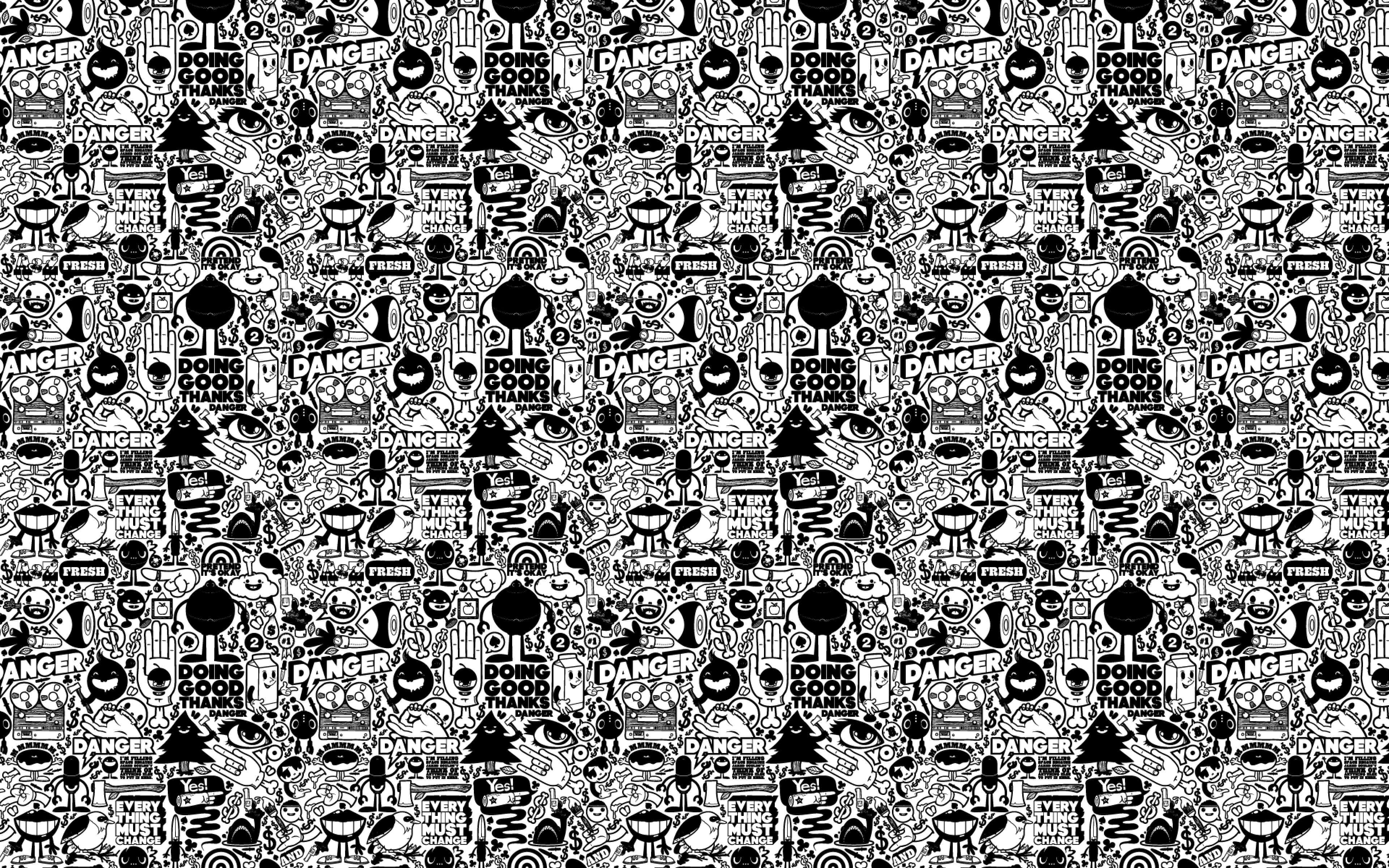black and white PC, doodle-style icons, skulls, 4K Desktop Wallpaper