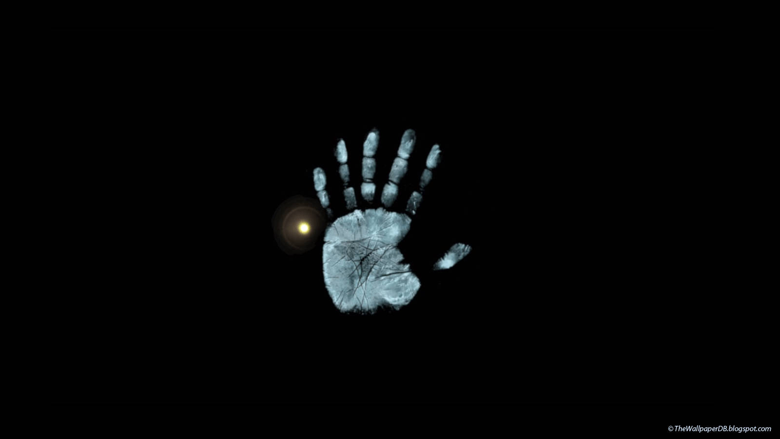 glowing blue handprint, warm light flare, pure black background, HD Desktop Wallpaper
