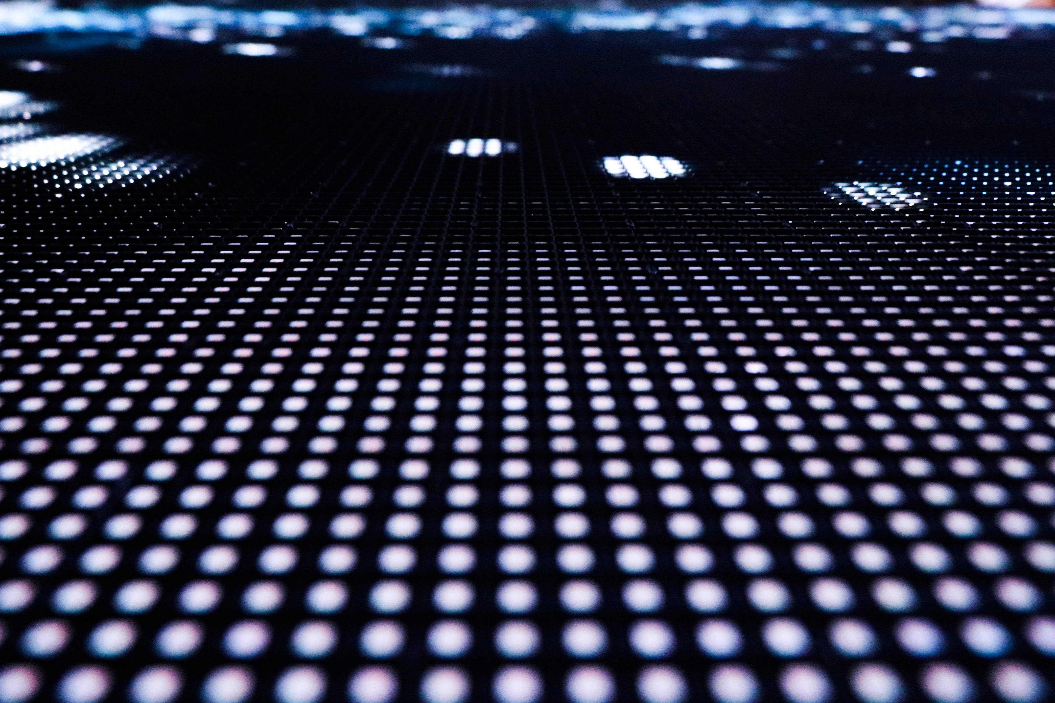 white lights led screen, glowing white LED dots, dark grid, 4K Desktop Wallpaper